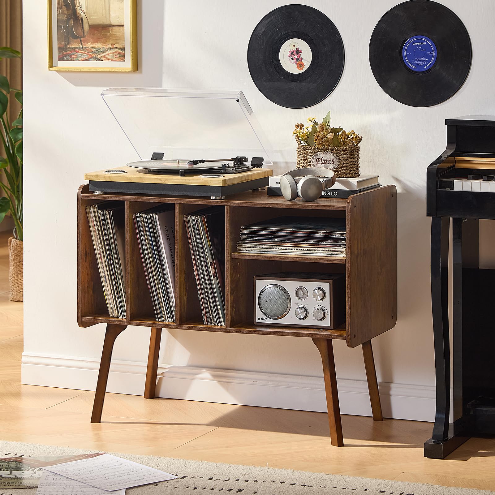 Lerliuo Record Player Stand with 4 Cabinet Holds Up to 220 Albums,Oak