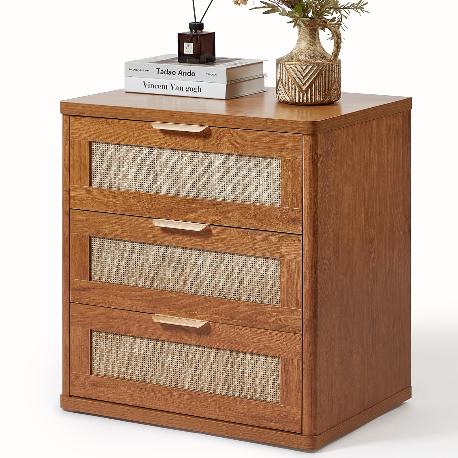 Lerliuo Rattan NightStand with Charger Station, 23" Wide Boho Bedside Table with Drawers, Natural Wood Night Stand Open Storage Cabinet, Bed Side End Table Dresser for Living Room, Hallway, Bedroom