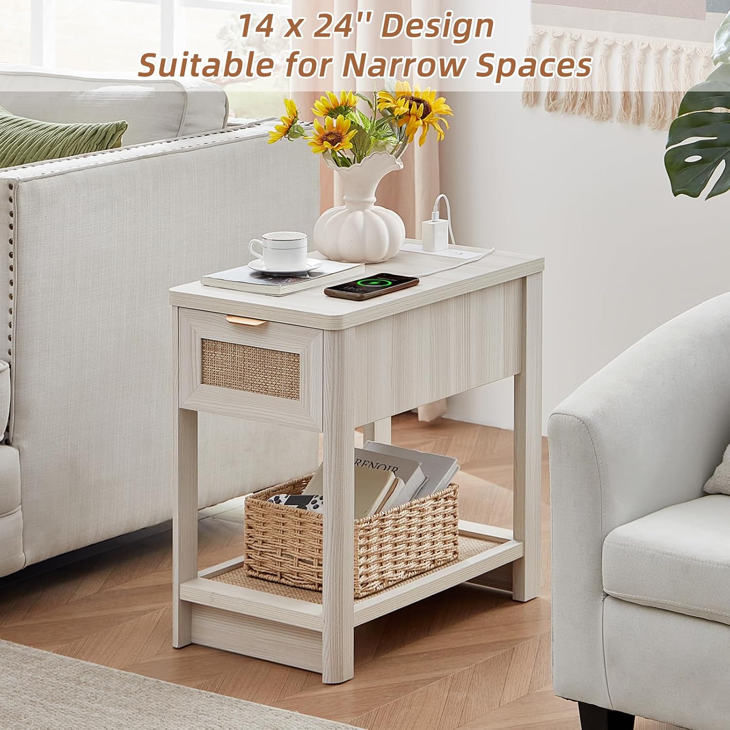 Lerliuo 24 x 14'' Narrow Night Stand Set 2 with Charger USB Ports