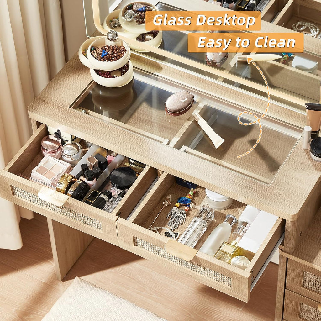 LEYAOYAO Rattan Makeup Vanity Desk with Stool, Mirror and Lights