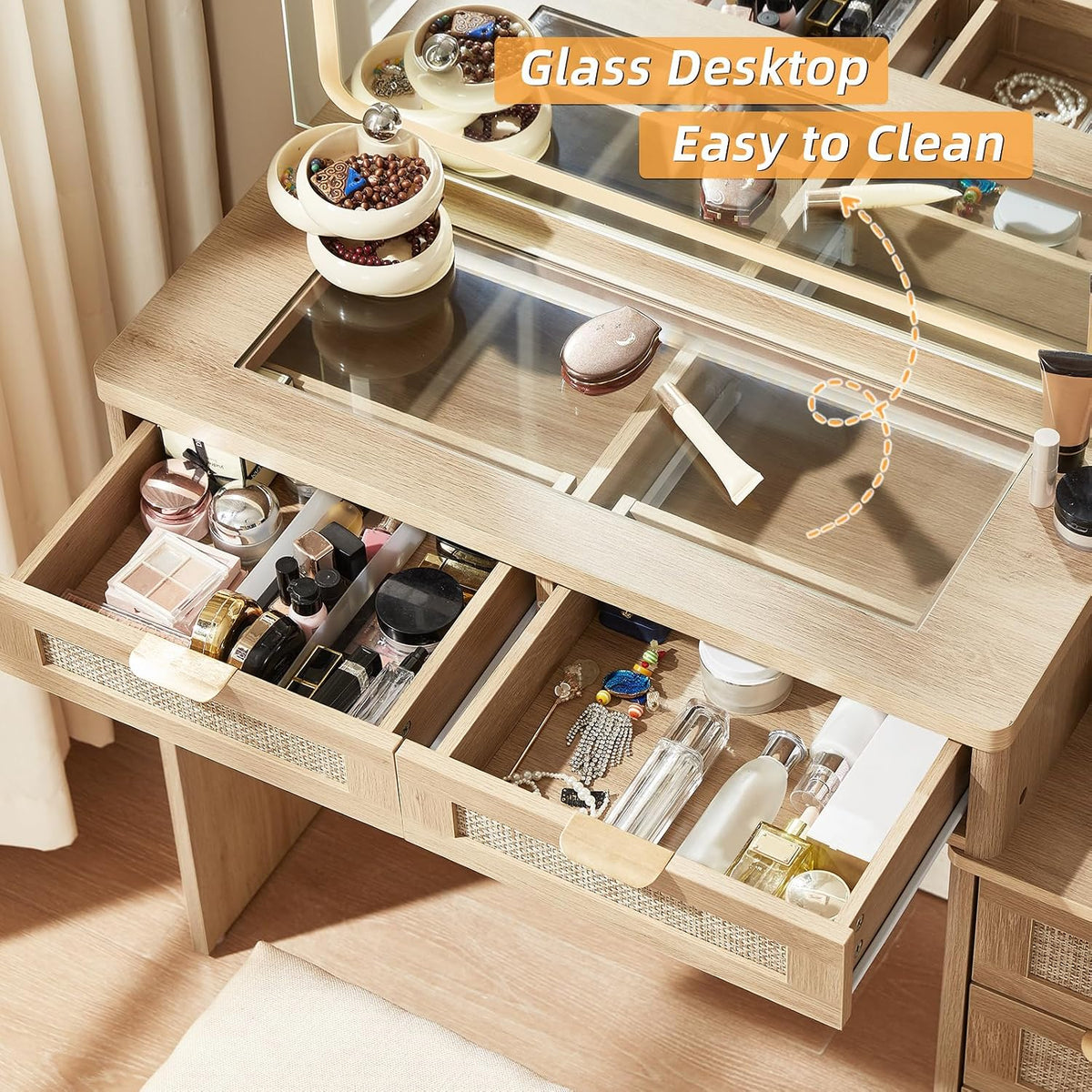 LEYAOYAO Rattan Makeup Vanity Desk with Stool, Mirror and Lights