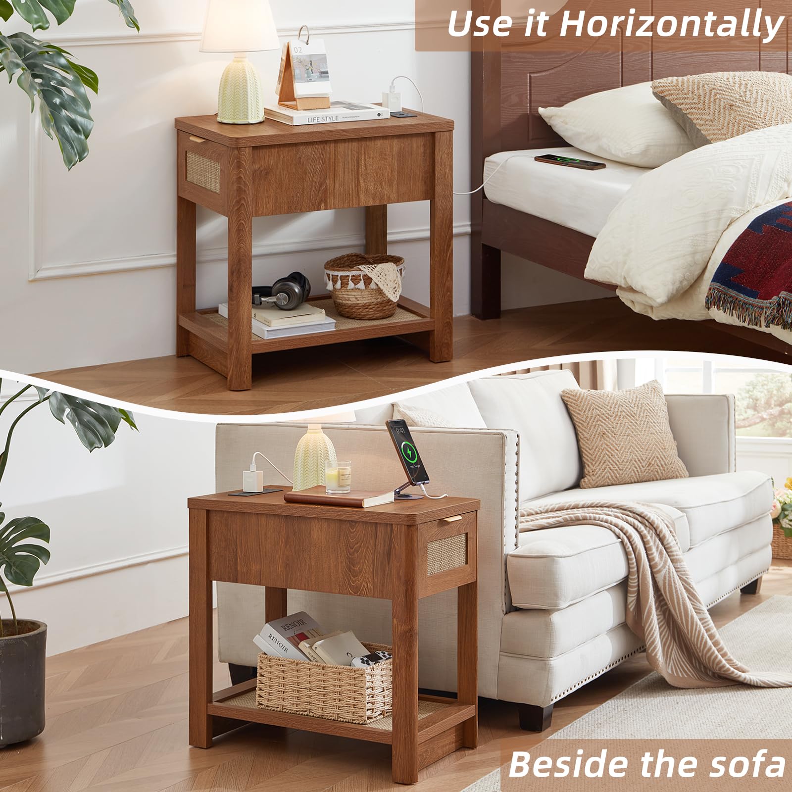 Lerliuo 24 x 14'' Narrow Night Stand Set 2 with Charger USB Ports