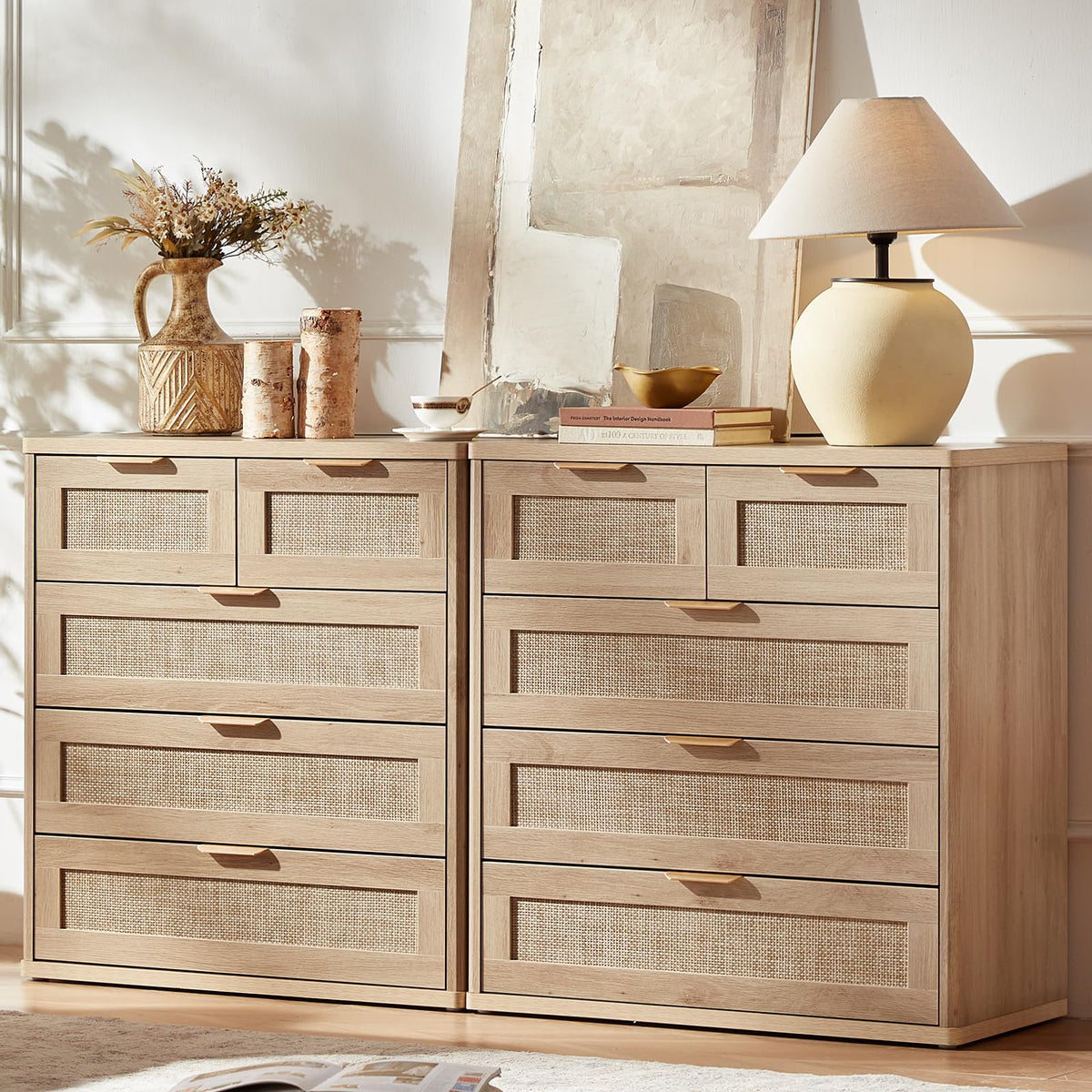 LEYAOYAO Rattan Dresser and Nightstand Sets 4 Piece, Boho Wood Dresser for Bedroom with 6 Drawers and Night Stand with Charging Station, Bedroom Furniture, Dressers & Chests of Drawers, Hallway
