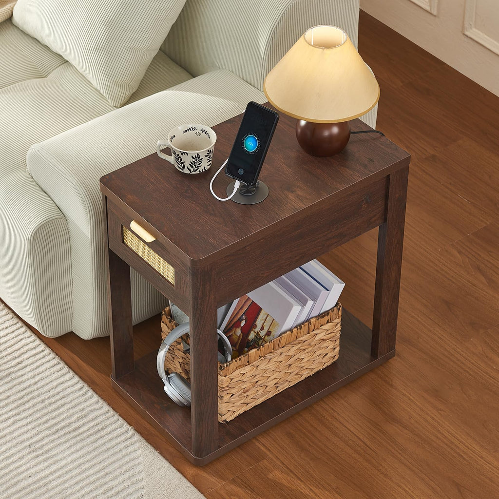LEYAOYAO Narrow Side Table with Charging Station, Rattan 24 x 14''