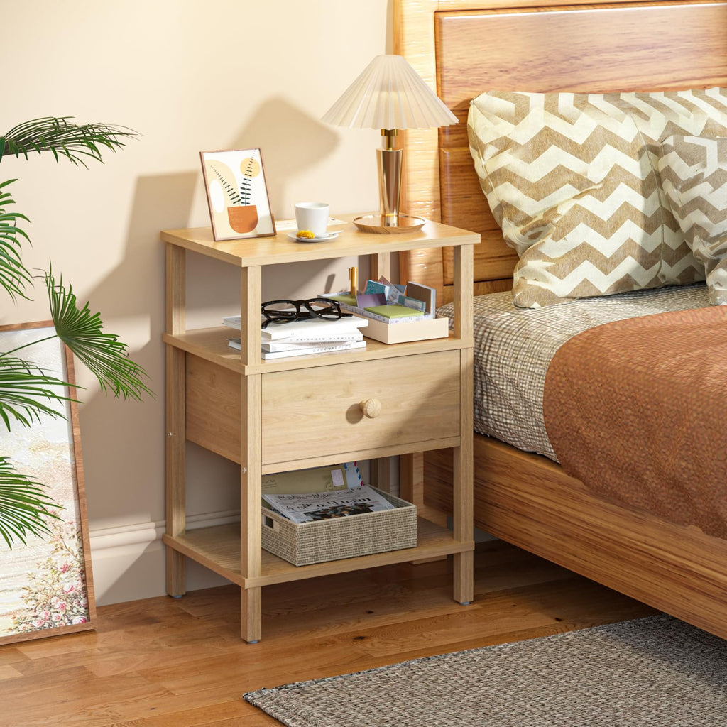 Lerliuo Nightstand with Charging Station and USB Ports, 3-Tier Storage End Table with Drawer Shelf, Night Stand for Small Spaces, Wood Bedside Table for Living Room, Bedroom - Retro Brown…