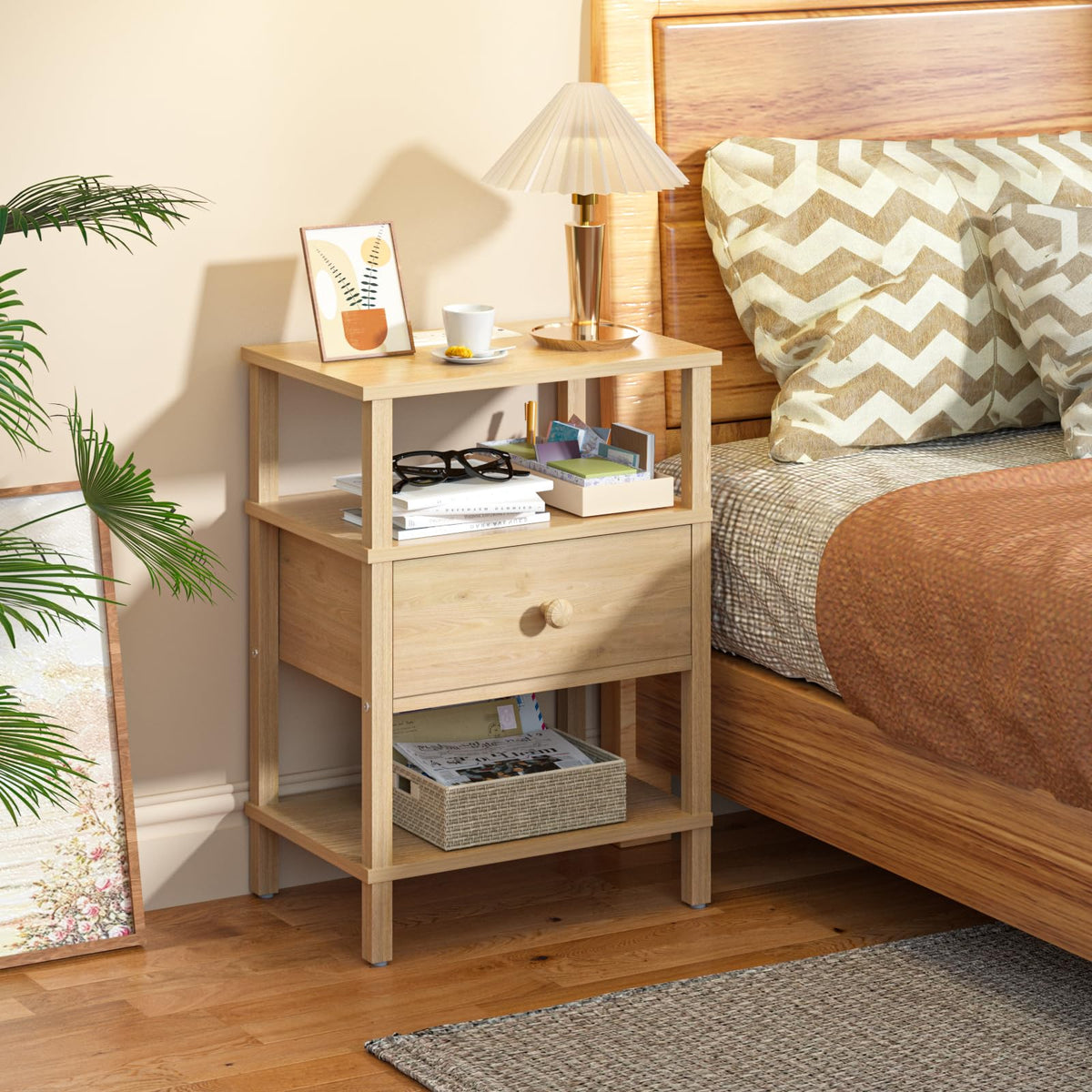 Lerliuo Nightstand with Charging Station and USB Ports, 3-Tier Storage End Table with Drawer Shelf, Night Stand for Small Spaces, Wood Bedside Table for Living Room, Bedroom - Retro Brown…
