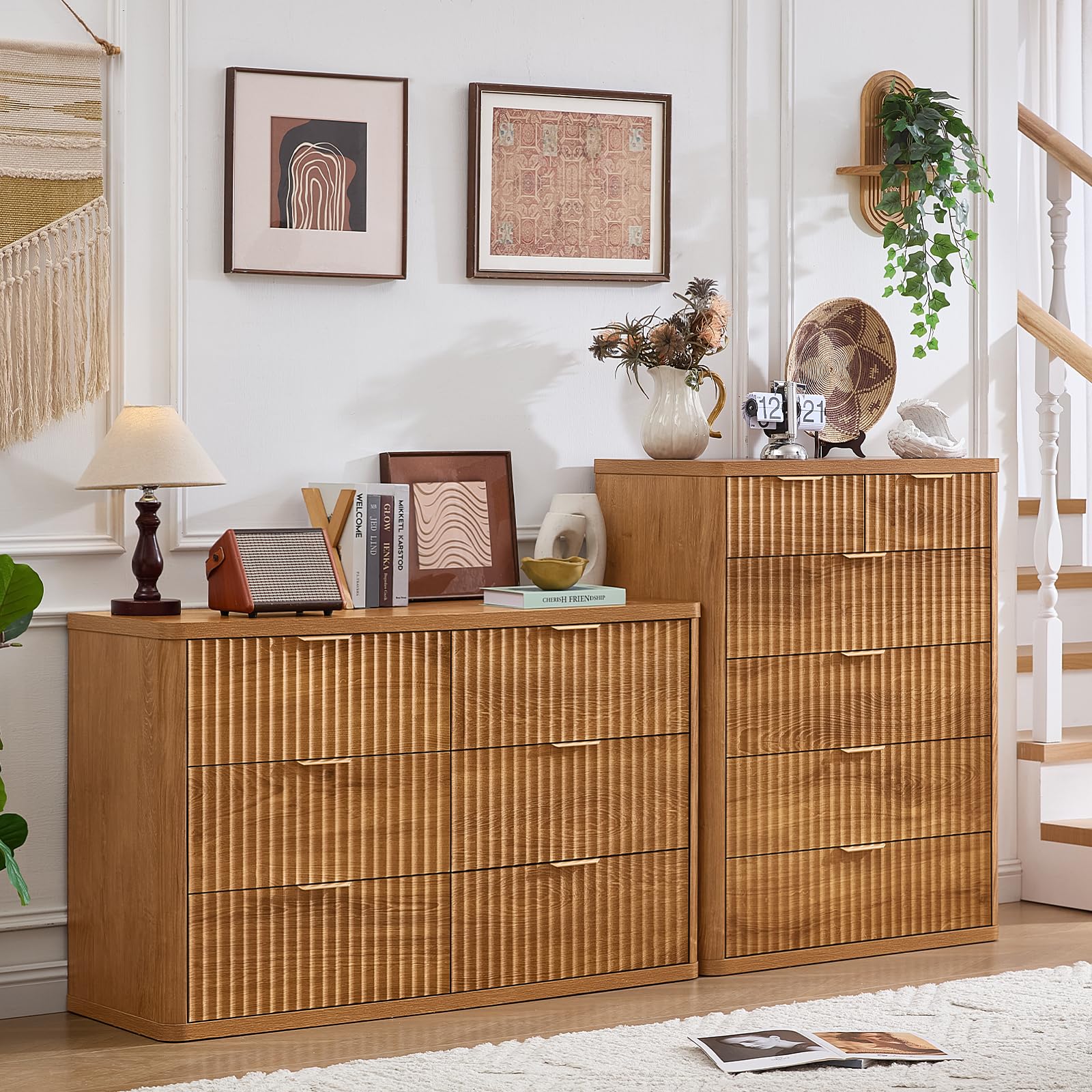 LEYAOYAO Fluted 6 Drawers Dresser for Bedroom Set of 2, 42" Tall Modern Chest of Drawer with Metal Handle, Curved Profile Design,Brown Wood Drawer Organizer for Bedroom, Living Room, Hallway