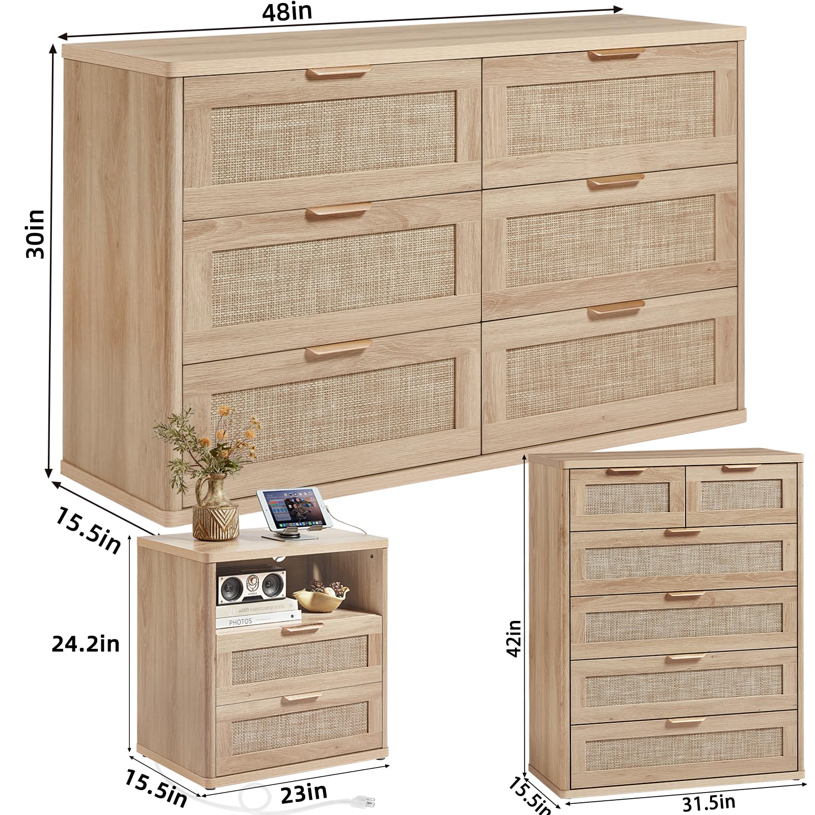 LEYAOYAO Rattan Dresser and Nightstand Sets 4 Piece, Natural