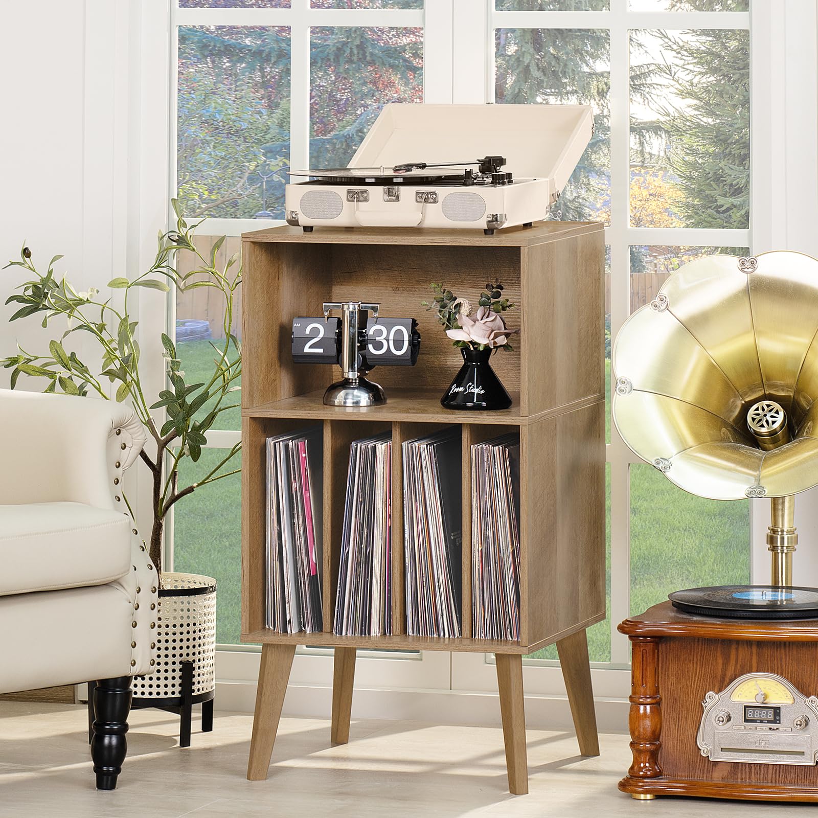 Lerliuo Record Player Stand, Walnut Turntable Stand Holds up to 160 Albums