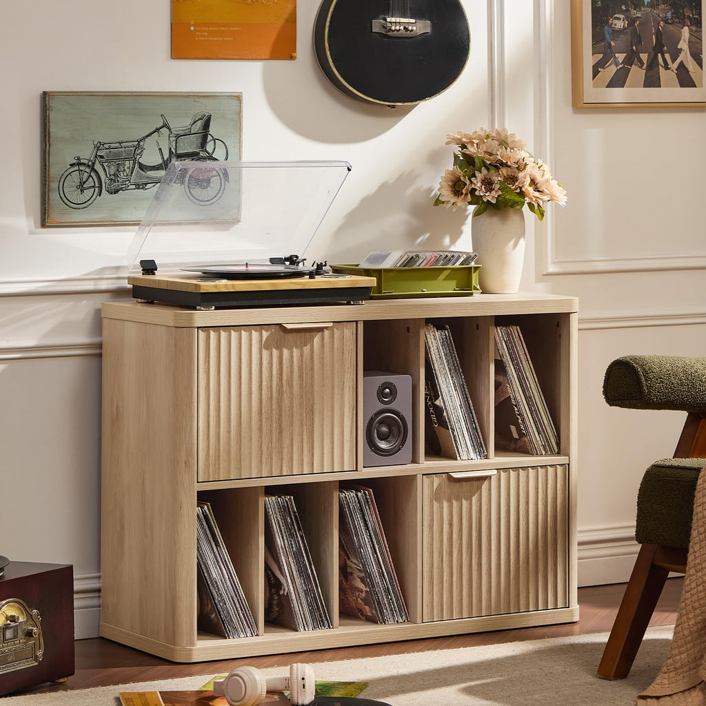LEYAOYAO Large Record Player Stand with Vinyl Storage Up to 450 Albums, Wood Fluted Record Storage Accent Cabinet, Modern Stereo Media Cabinets, Wide Turntable Stand for Living Room, Antique White