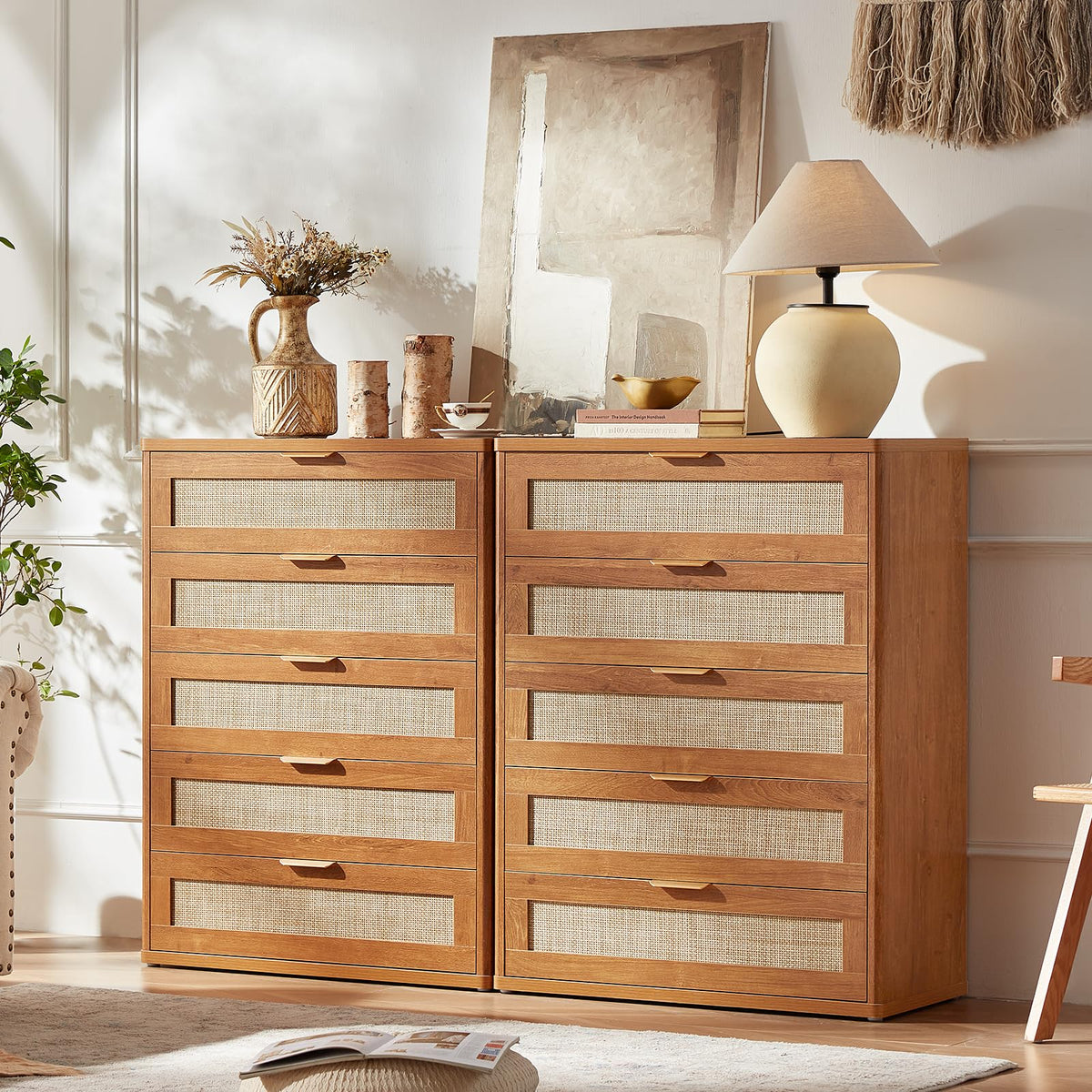 LEYAOYAO Rattan Dresser and Nightstand Set of 3, Boho Wood Dresser for Bedroom with 6 Drawers and Night Stand with Charging Station, Bedroom Furniture, Dressers & Chests of Drawers, Living Room