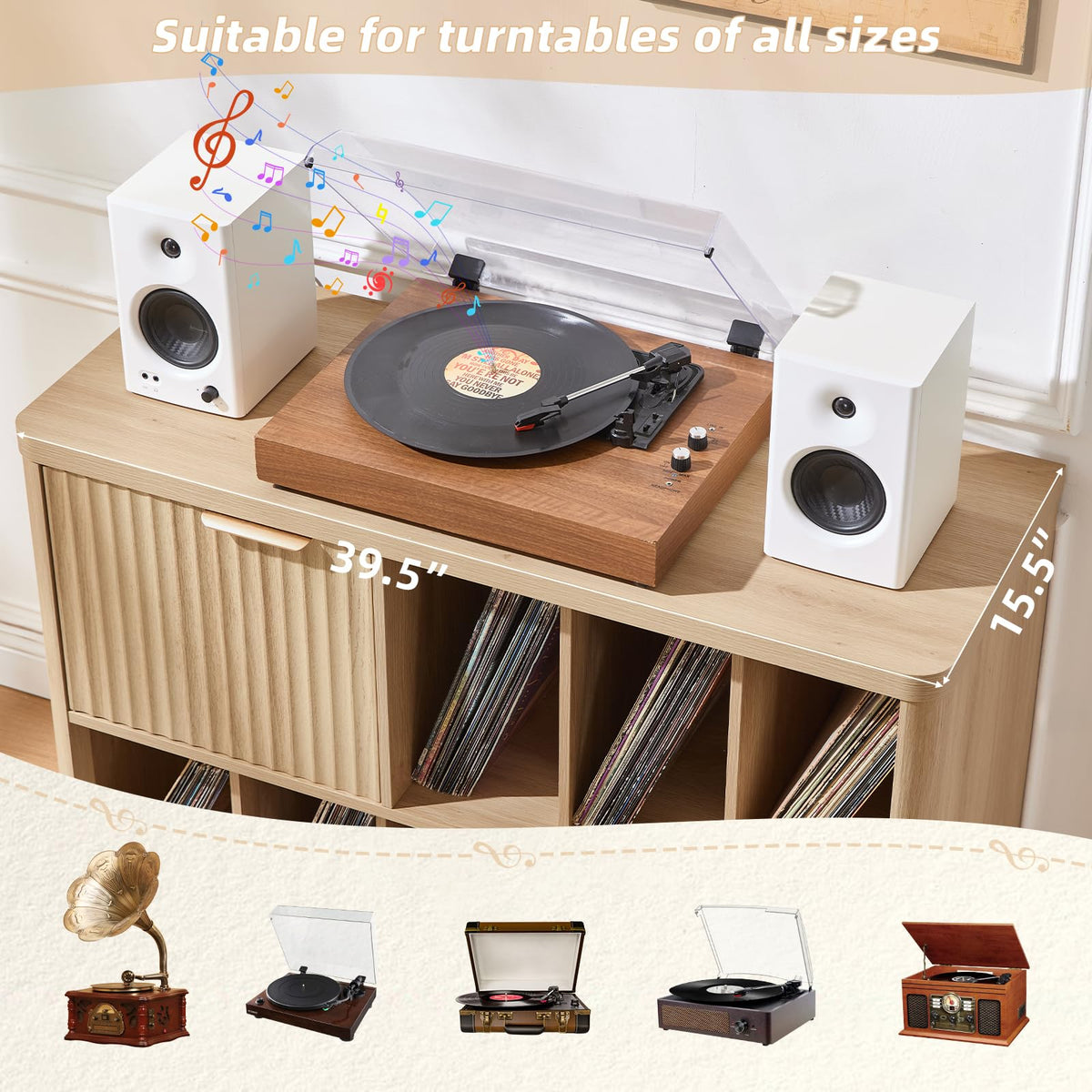 LEYAOYAO Large Record Player Stand with Vinyl Storage Up to 450 Albums, Wood Fluted Record Storage Accent Cabinet, Modern Stereo Media Cabinets, Wide Turntable Stand for Living Room, Antique White