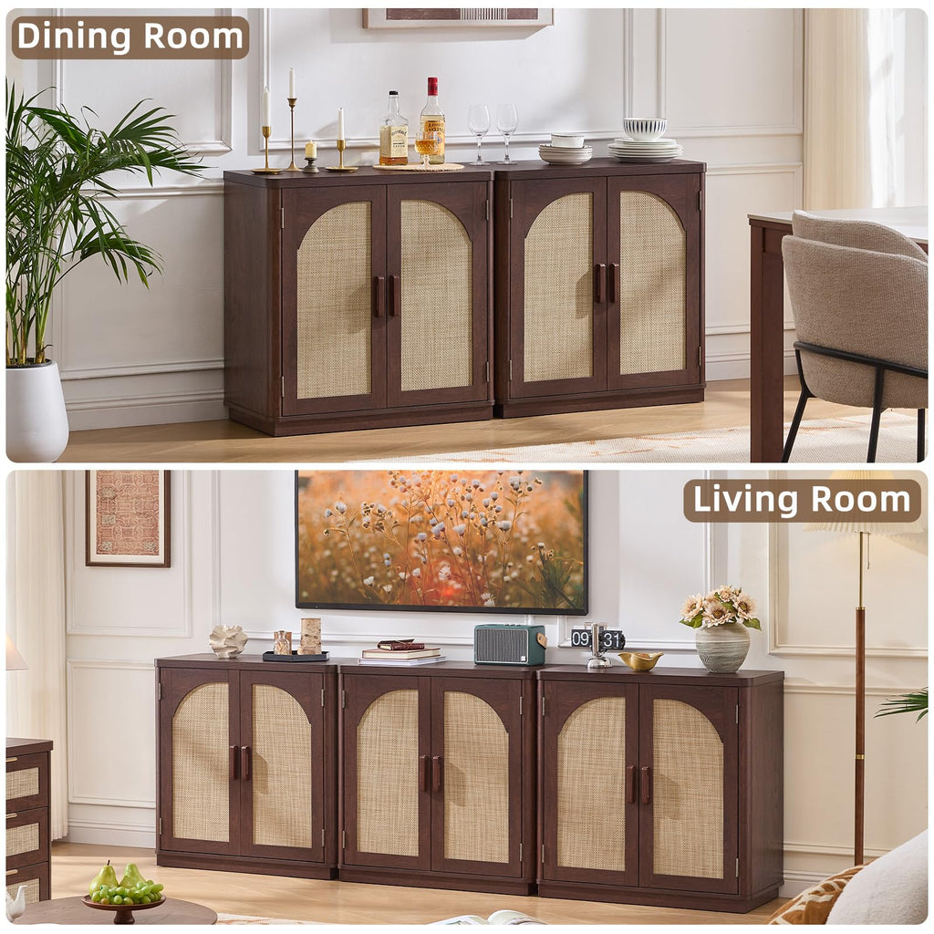 LEYAOYAO Rattan Sideboard Buffet Cabinet with Storage, 31.5" Coffee Bar Cabinet with Arch Doors & Adjustable Shelves, Wood Credenza, Boho Accent Cabinet for Kitchen, Living Room, Natural