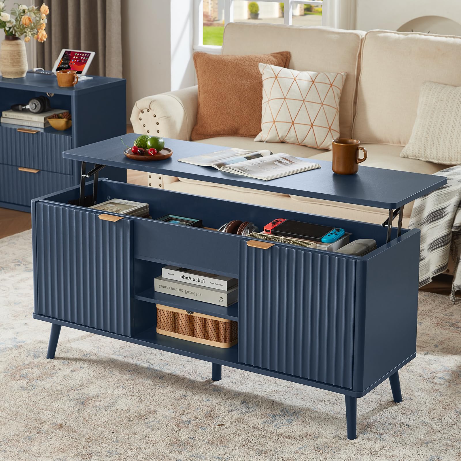LEYAOYAO Fluted Lift Top Coffee Table and Nightstand Set,Wood 48" Wide Center Tables & 23" Night Stand with 3 Drawers,Farmhouse Living Room Suites for Bedroom Home Living Room Hallway,Blue