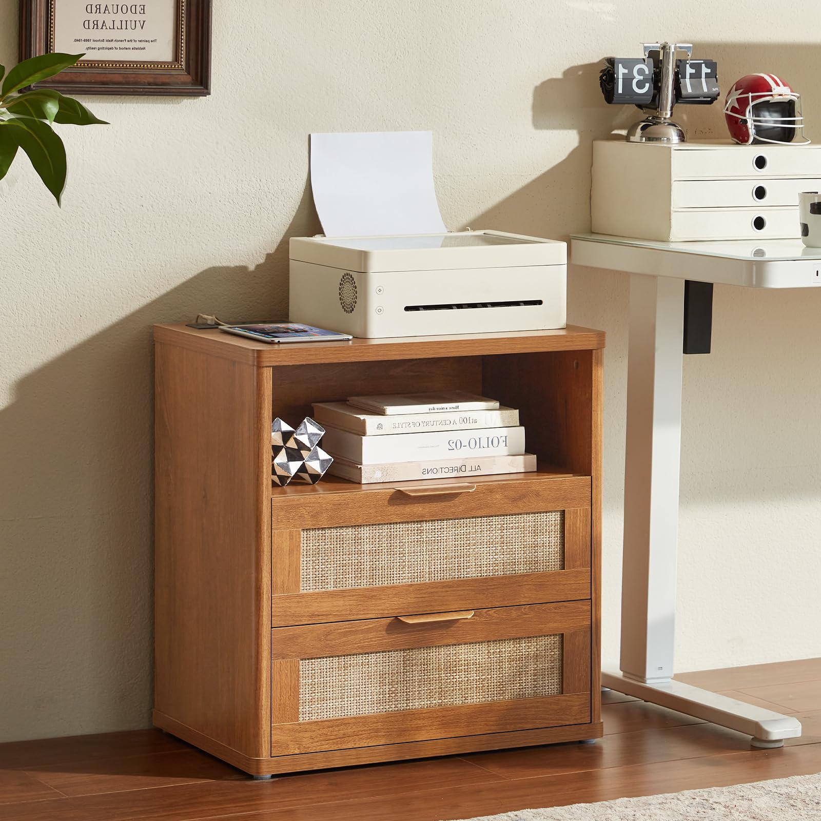 Lerliuo Rattan NightStand with Charger Station, 23" Wide Boho Bedside Table with Drawers, Natural Wood Night Stand Open Storage Cabinet, Bed Side End Table Dresser for Living Room, Hallway, Bedroom