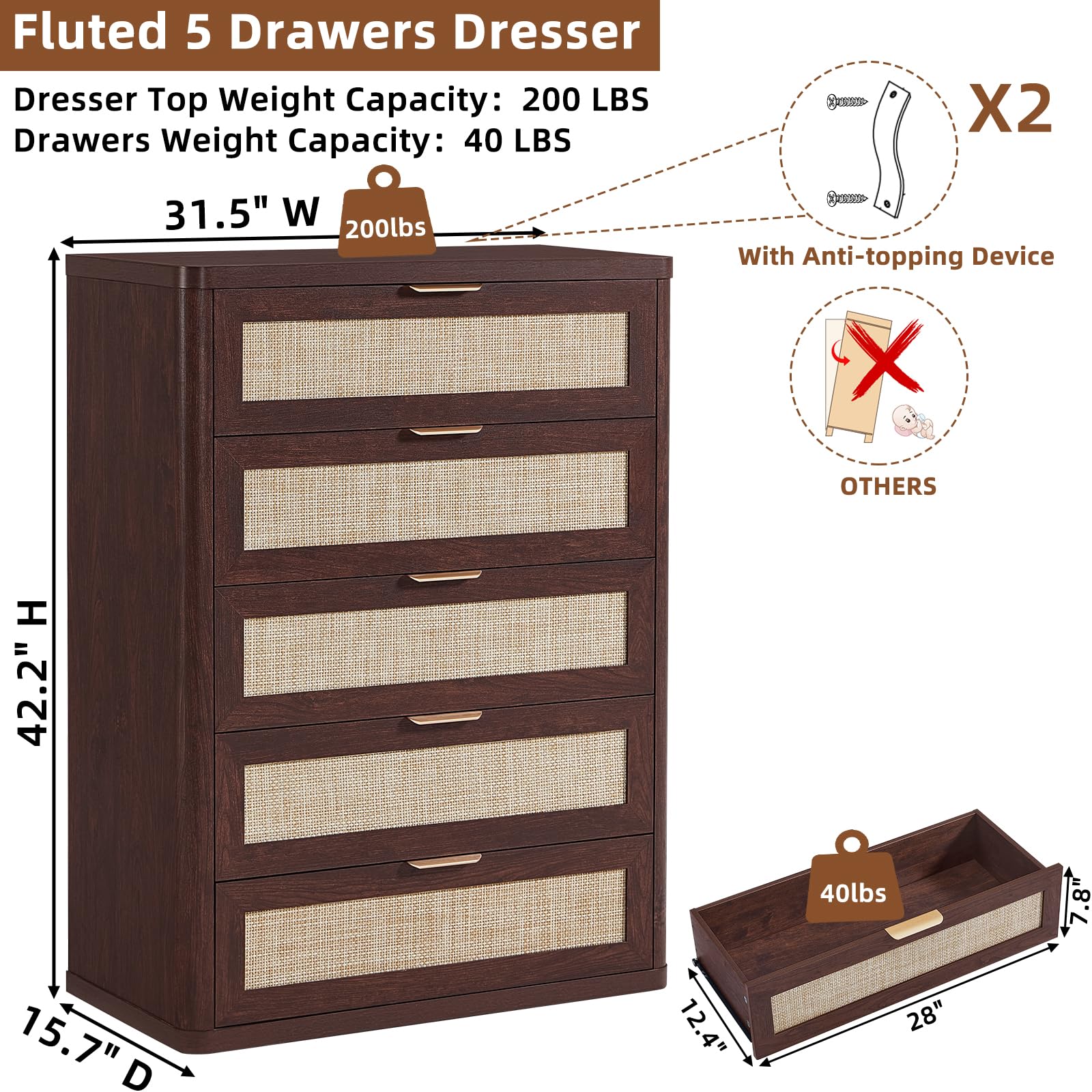 LEYAOYAO Rattan Dresser for Bedroom, 41" Tall Chest of Drawers