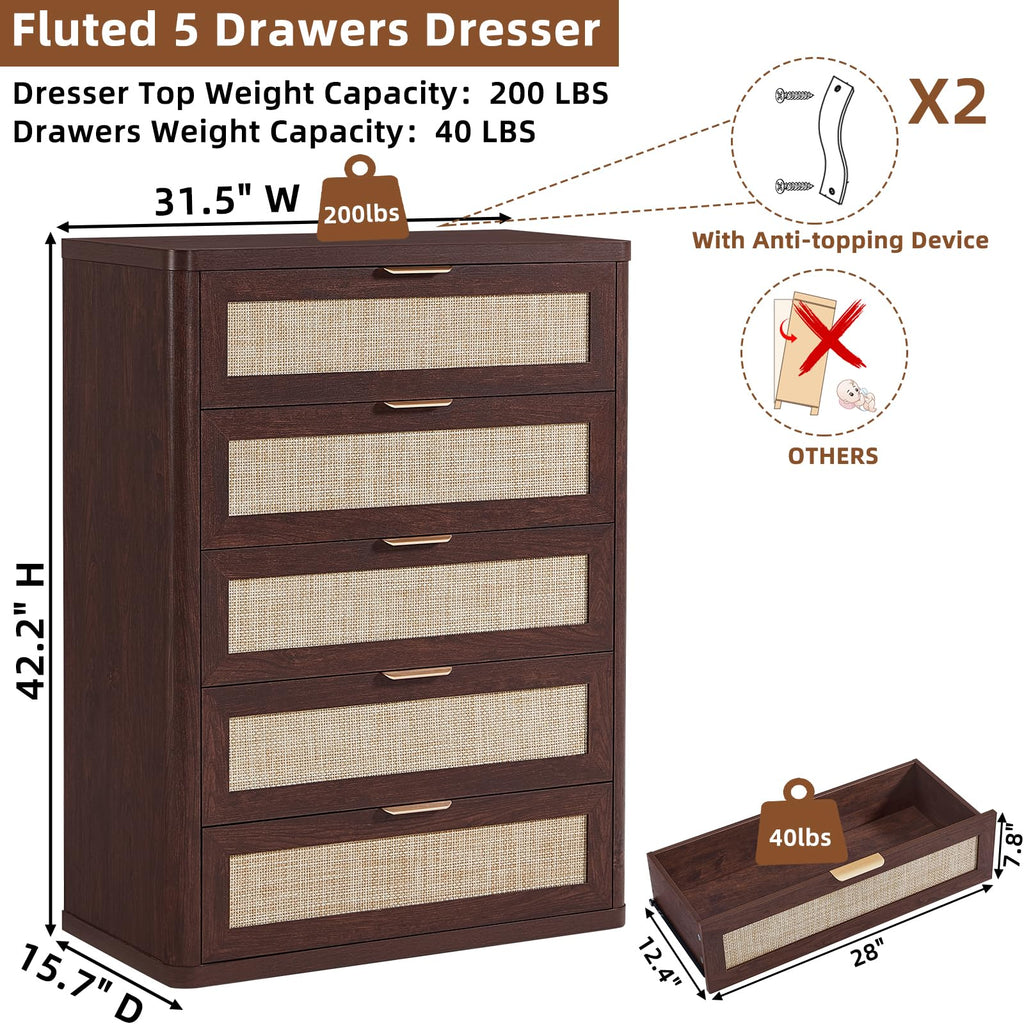 LEYAOYAO Rattan Dresser for Bedroom, 41" Tall Chest of Drawers