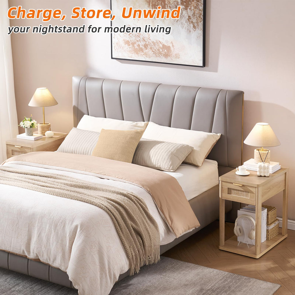 LEYAOYAO Narrow Side Table with Charging Station, Rattan 24 x 14''