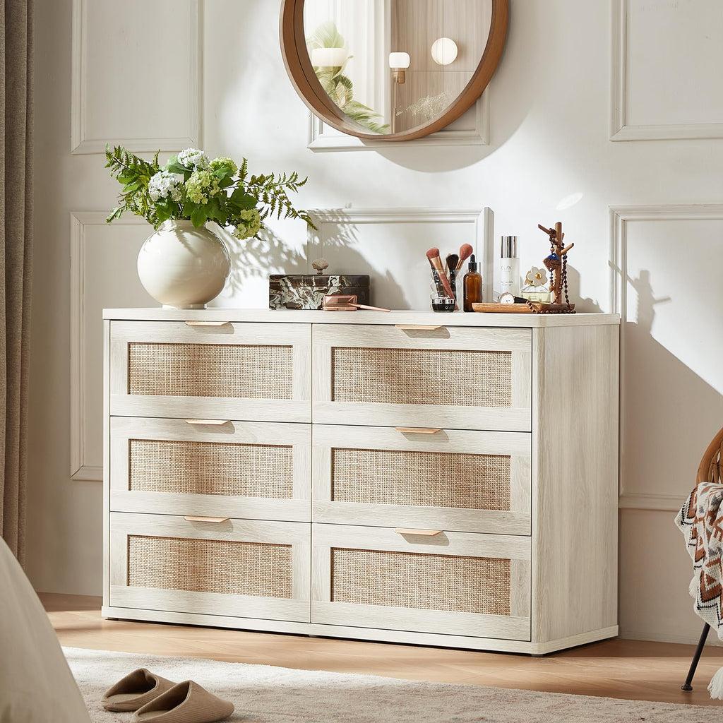 LEYAOYAO Rattan Dresser and Nightstand Sets 4 Piece, Grey White