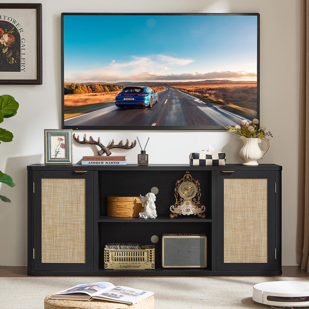 LEYAOYAO Rattan TV Stands for Living Room, Walnut