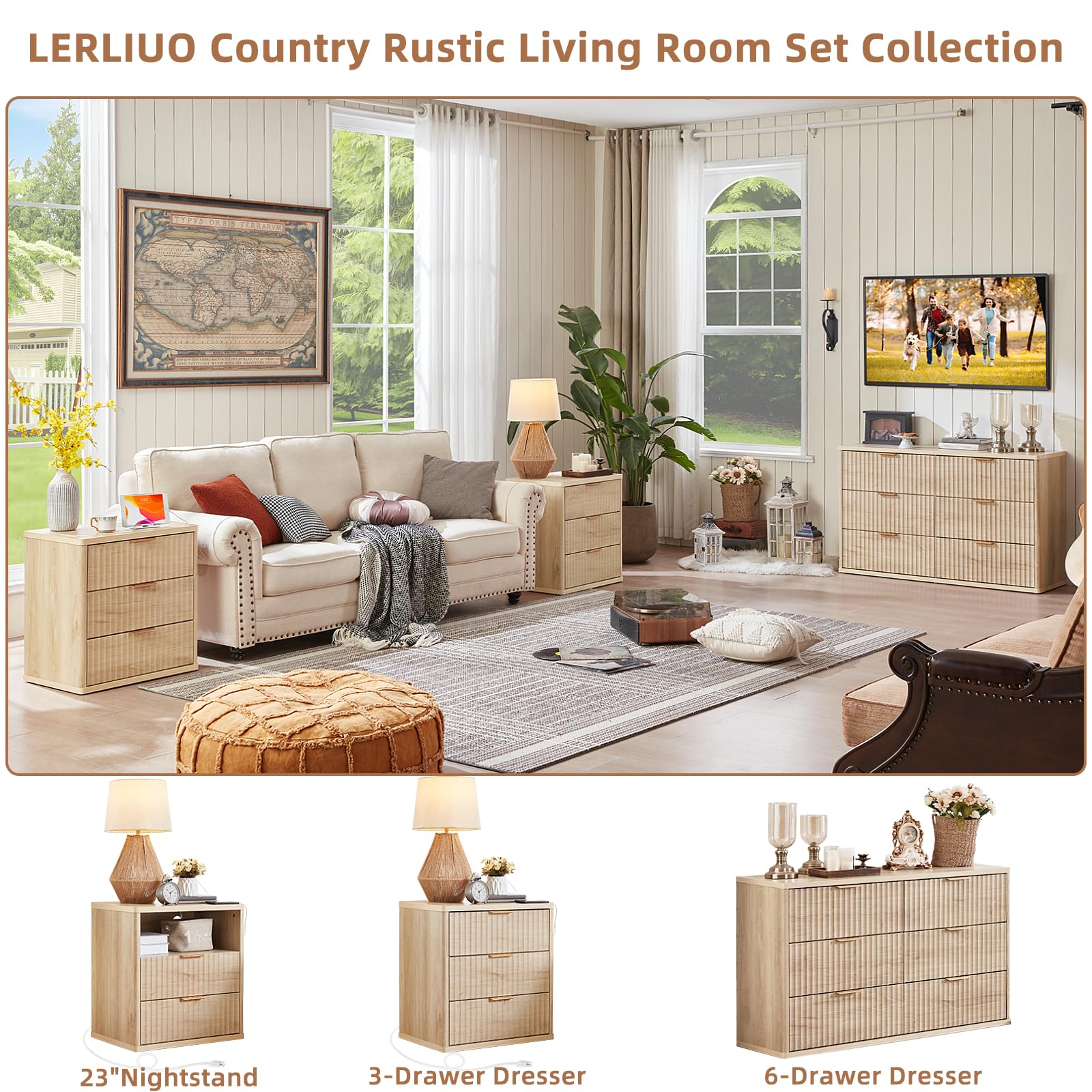 Lerliuo Fluted Nightstand with Charging Station, 23" Wide 2 Drawers End Table, Blue Night Stand with Open Storage Cabinet, Farmhouse Bed Side Tables, Wood Dresser for Bedroom