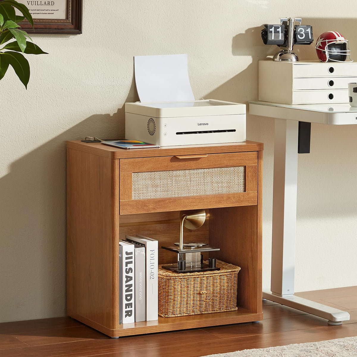 Lerliuo Rattan NightStand with Charger Station, 23" Wide Boho Bedside Table with Drawers, Natural Wood Night Stand Open Storage Cabinet, Bed Side End Table Dresser for Living Room, Hallway, Bedroom