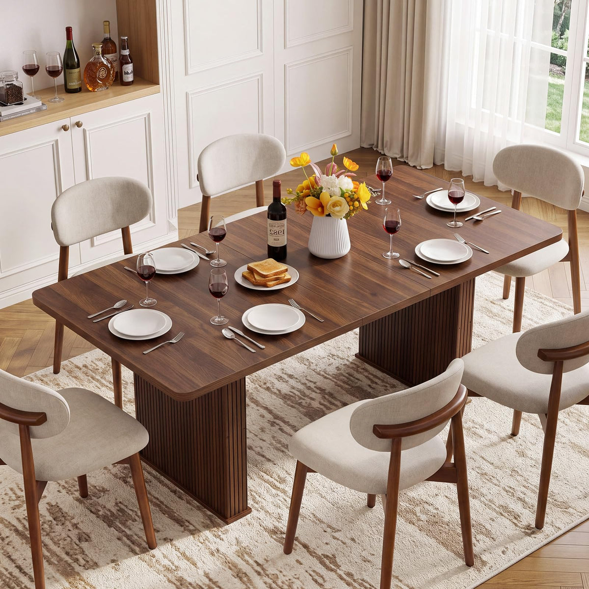 LEYAOYAO Extendable Dining Table for 4-6,63"–79" with Fluted Base(Brown)