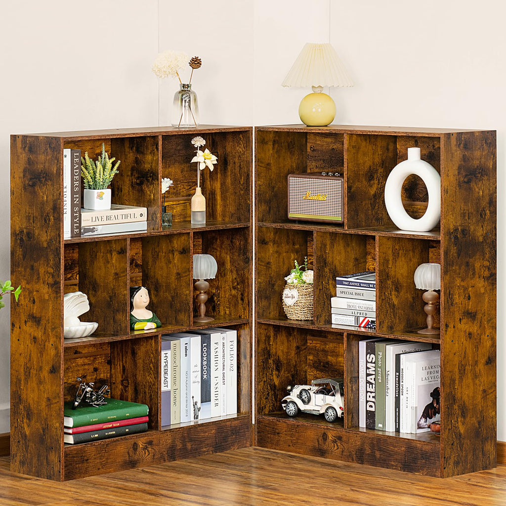 LEYAOYAO 7 Cube Bookshelf with Base,3 Tier Mid-Century Modern Blue Bookcase,Standing Wide Bookshelves Storage Organizer Shelf,Rustic Wood Display Cabinet Book Shelves for Bedroom,Living Room,Office