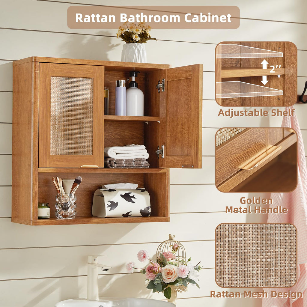 LEYAOYAO 68" Boho Over the Toilet Storage Cabinet with Rattan Sliding Door