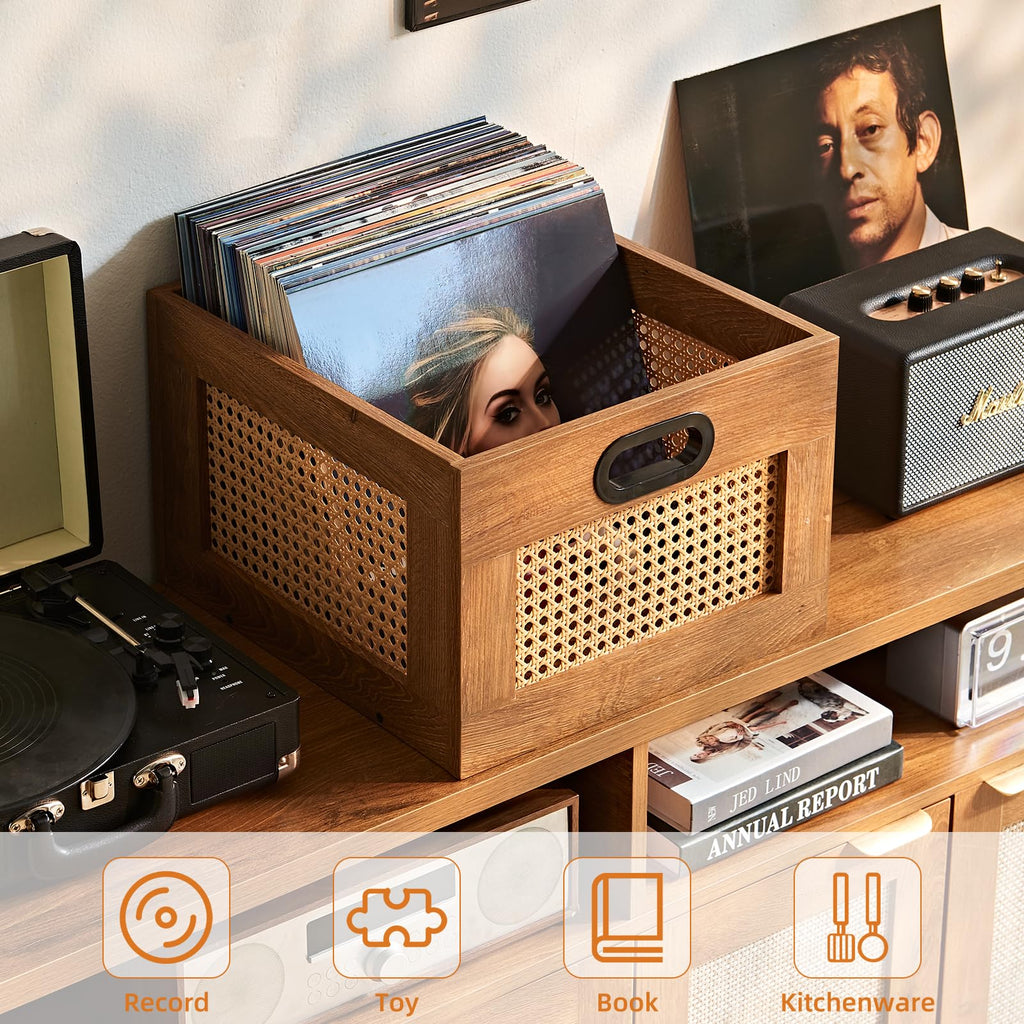 LEYAOYAO Vinyl Record Storage, Rattan Record Crate for Vinyl Albums Holder