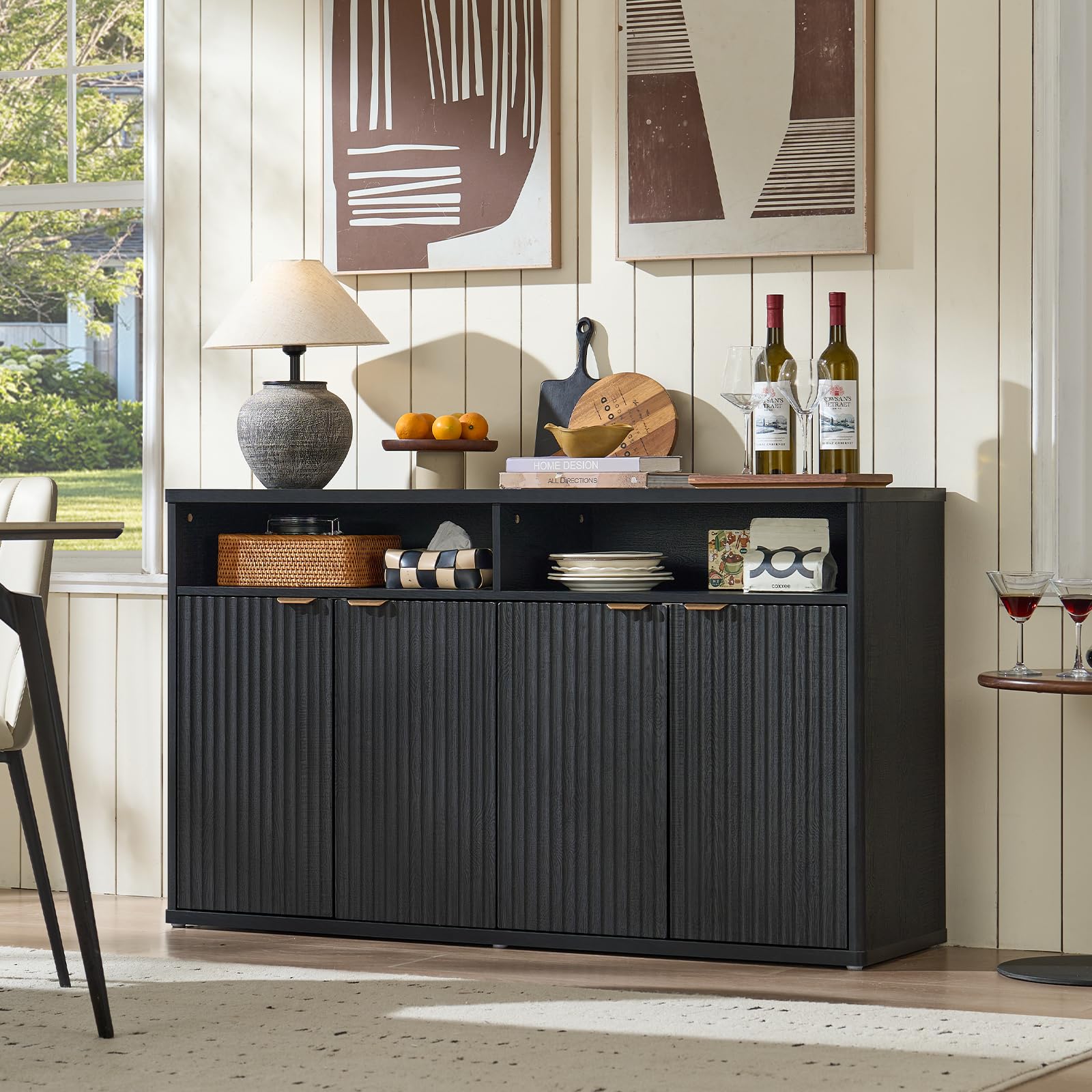 LEYAOYAO 45-Inch Fluted Buffet Cabinet with 3 Doors,Dark Blue