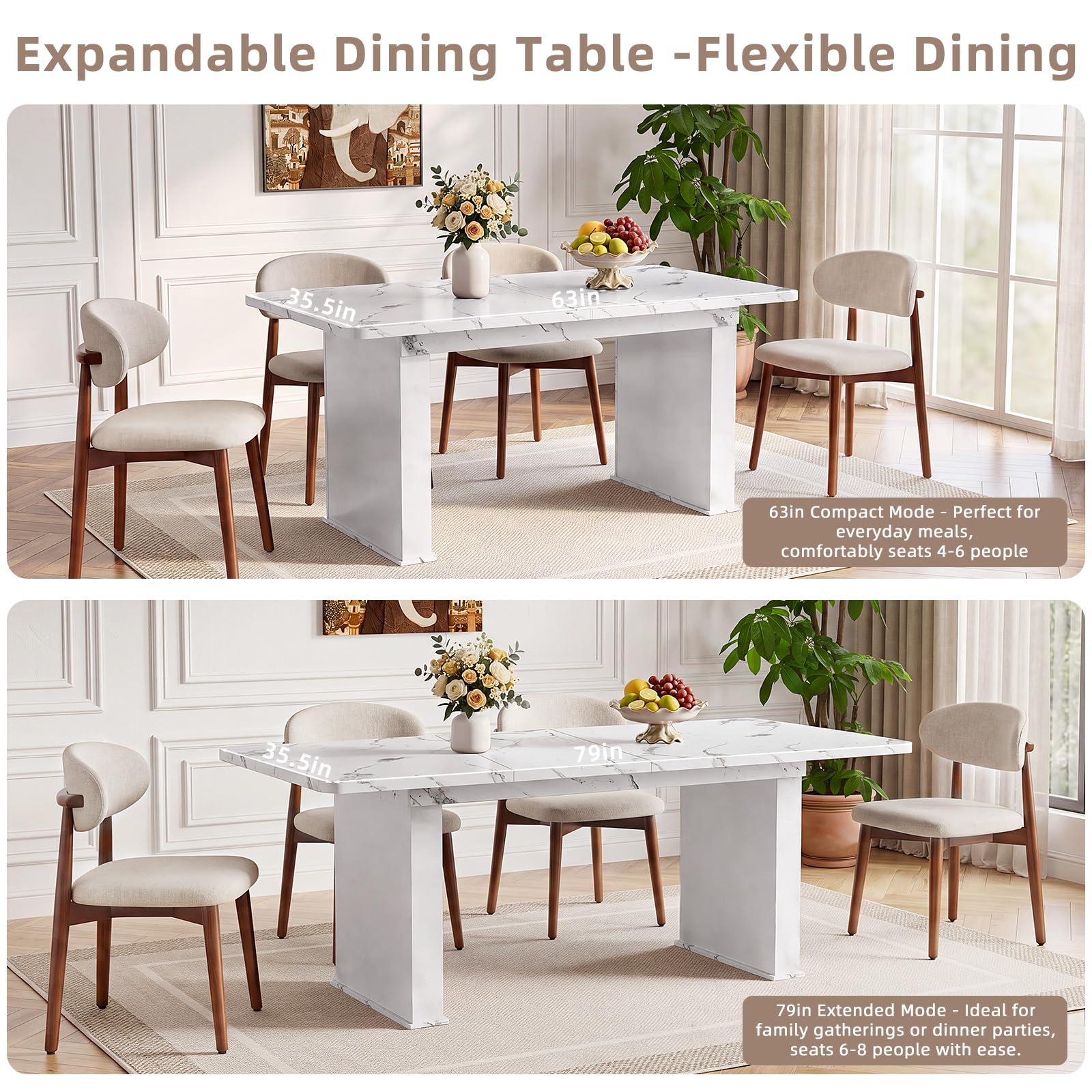 LEYAOYAO Extendable Dining Table for 4-6,63"–79" with Fluted Base(Brown)
