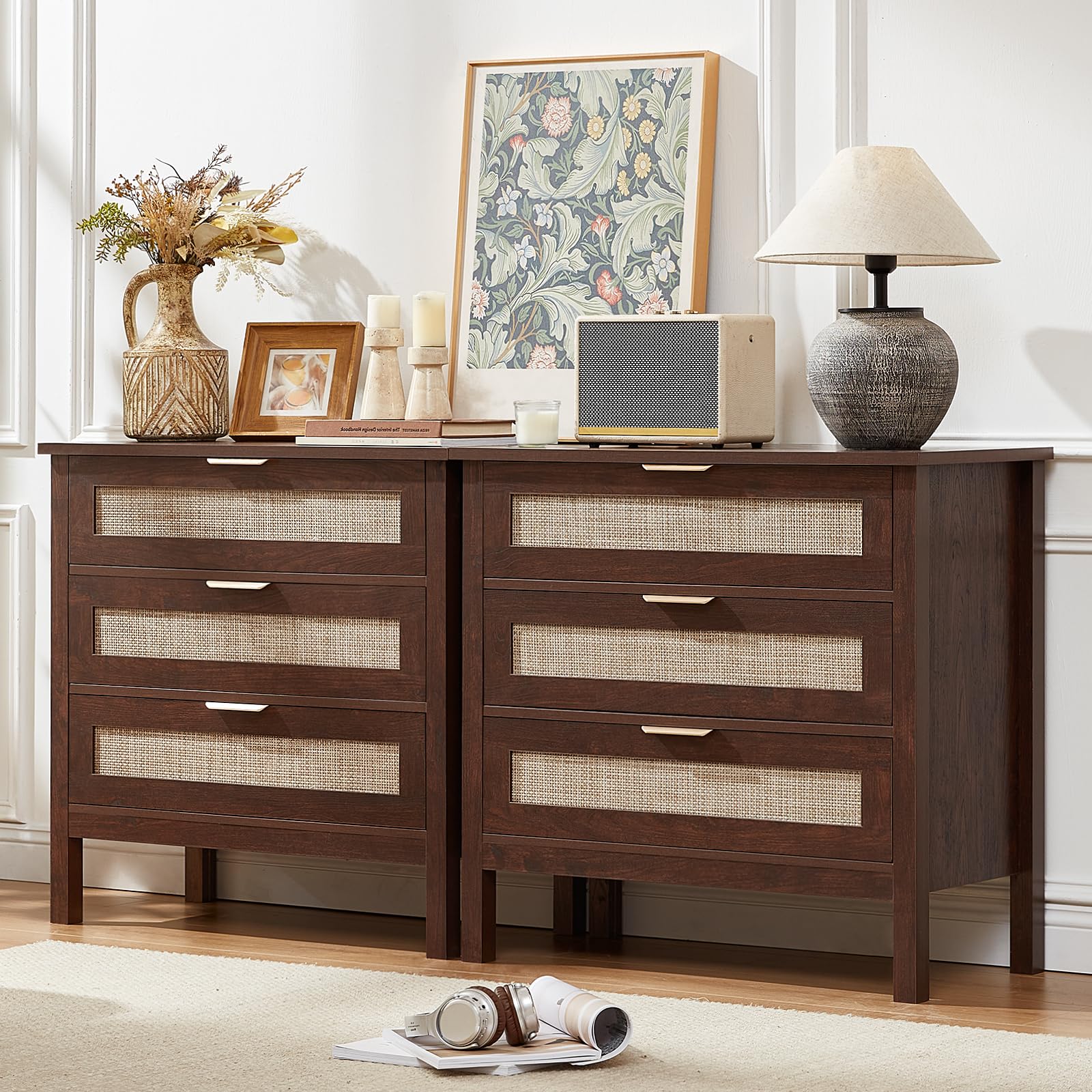 LEYAOYAO 26.8" Wide Rattan Nightstands Set of 2, Large Boho Night Stand