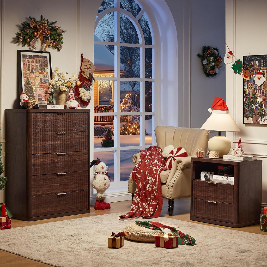 LEYAOYAO 23" Wide Fluted Night Stand with Charging Station, 2 Drawers Large End Table with Storage, LightGrey Nightstand Wood Bedside Tables, Farmhouse Cabinet Dresser for Bedroom, Closet