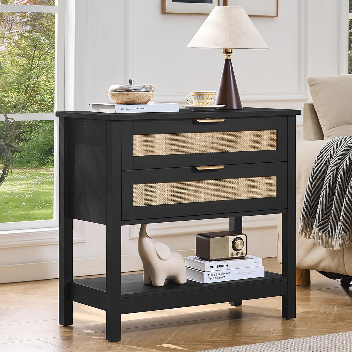LEYAOYAO 26.8" Wide Rattan Nightstands Set of 2, Large Boho Night Stand