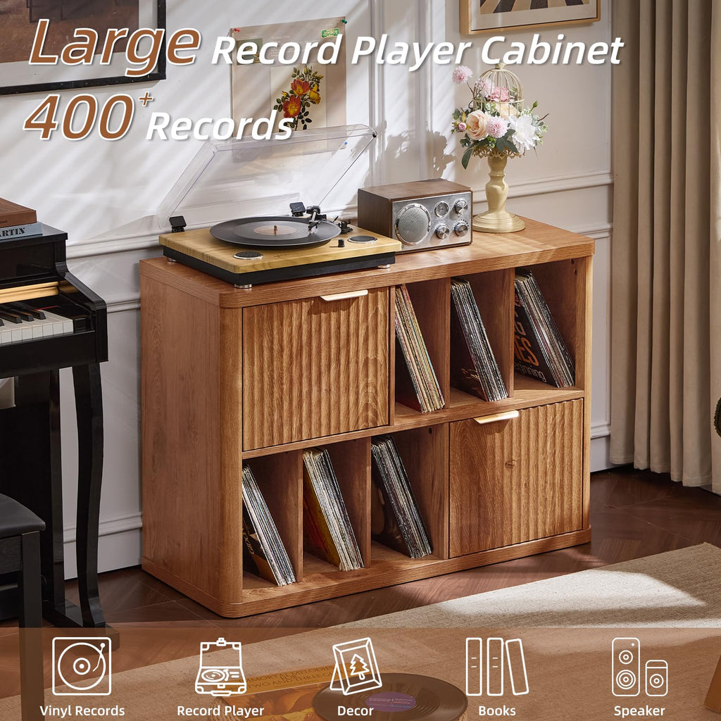 LEYAOYAO Large Record Player Stand with Vinyl Storage Up to 450 Albums, Wood Fluted Record Storage Accent Cabinet, Modern Stereo Media Cabinets, Wide Turntable Stand for Living Room, Antique White