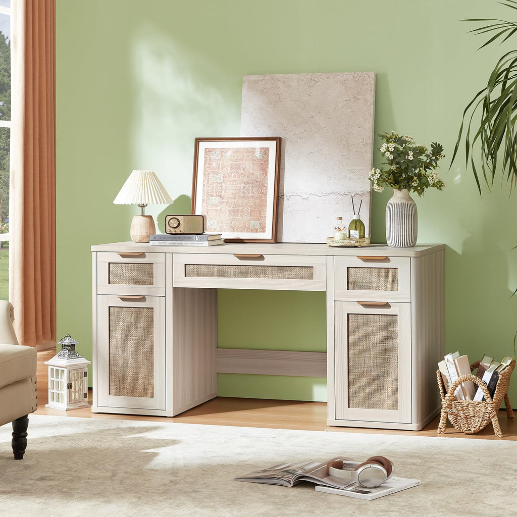 LEYAOYAO Office Desk 56" with 5 Drawers Storage File Cabinet, Natural