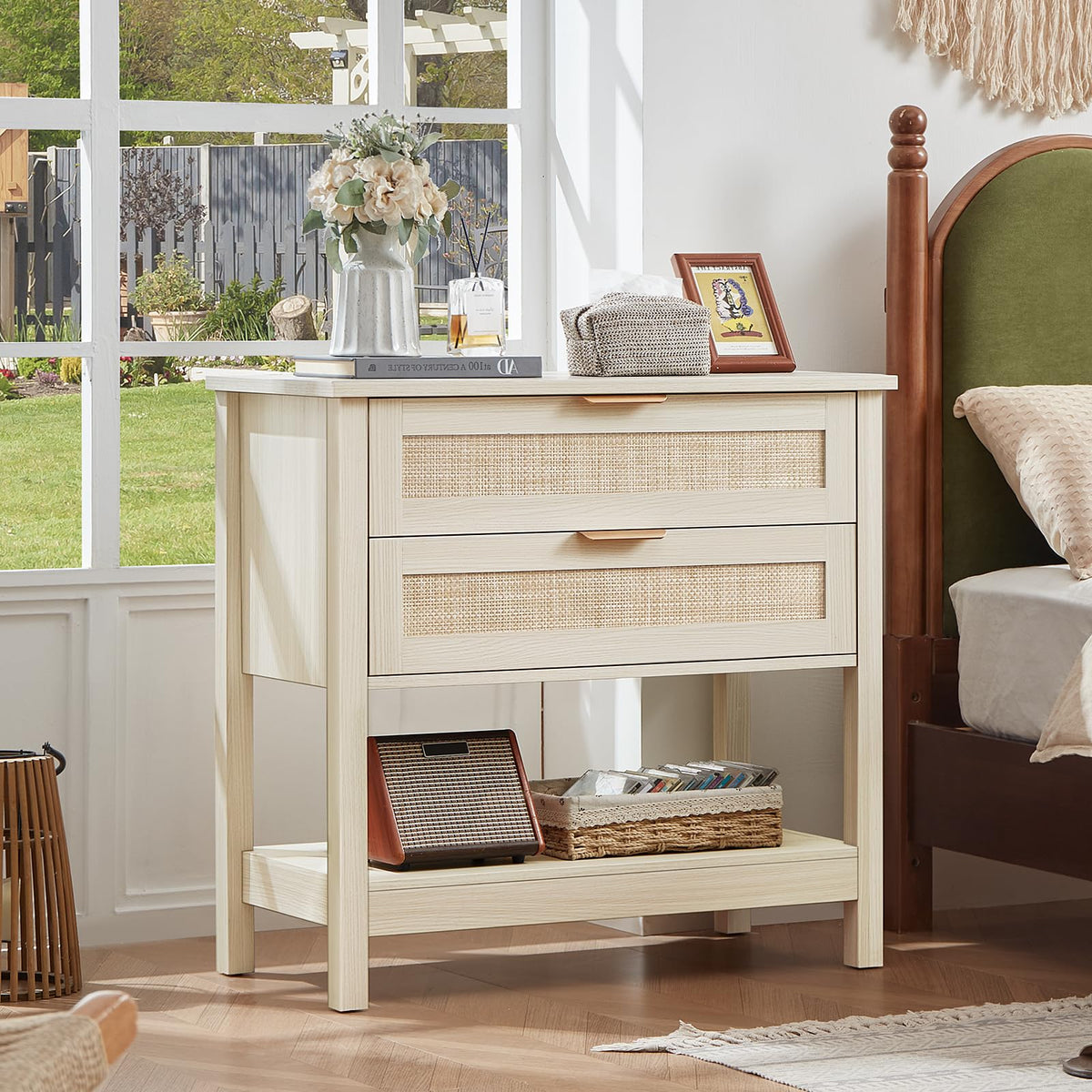 LEYAOYAO 26.8" Wide Rattan Nightstands Set of 2, Large Boho Night Stand