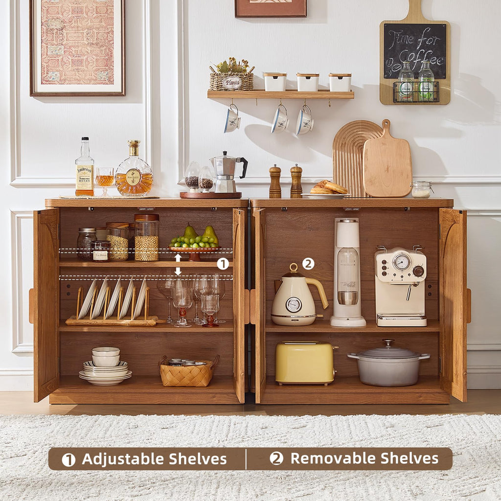 LEYAOYAO Rattan Sideboard Buffet Cabinet with Storage, 31.5" Coffee Bar Cabinet with Arch Doors & Adjustable Shelves, Wood Credenza, Boho Accent Cabinet for Kitchen, Living Room, Natural