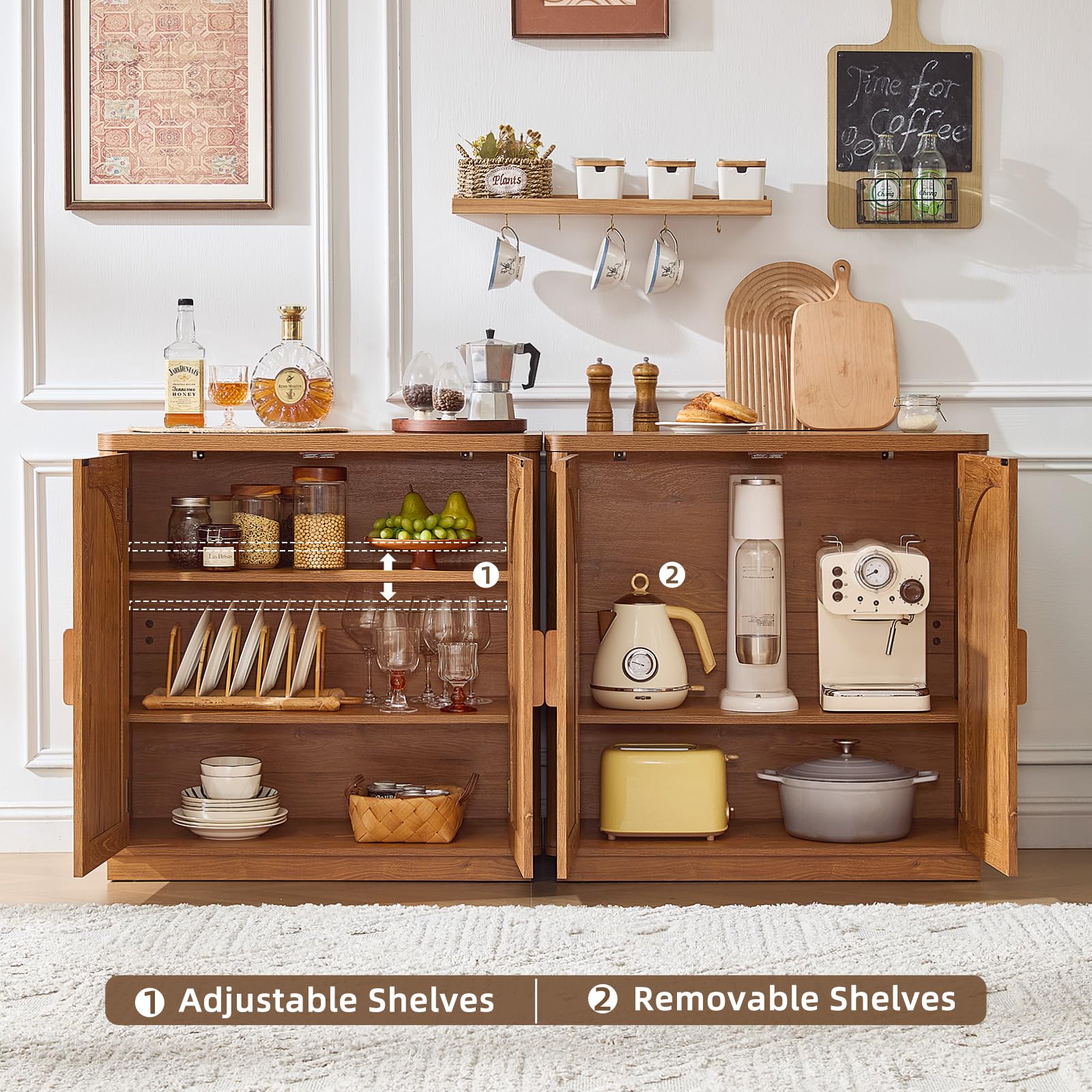 LEYAOYAO Rattan Sideboard Buffet Cabinet with Storage, 31.5" Coffee Bar Cabinet with Arch Doors & Adjustable Shelves, Wood Credenza, Boho Accent Cabinet for Kitchen, Living Room, Natural
