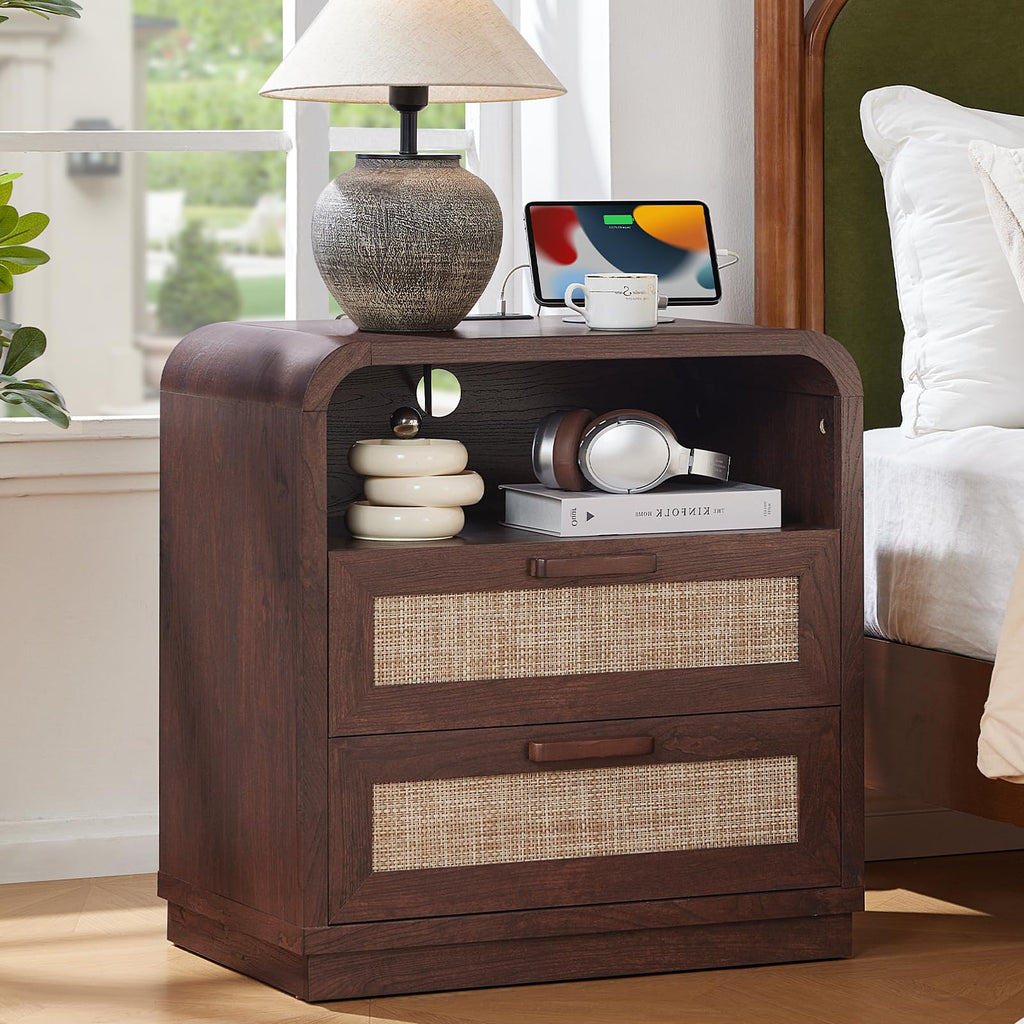 LEYAOYAO Curved Boho Dresser & Nightstand Set of 3, Natural Wood