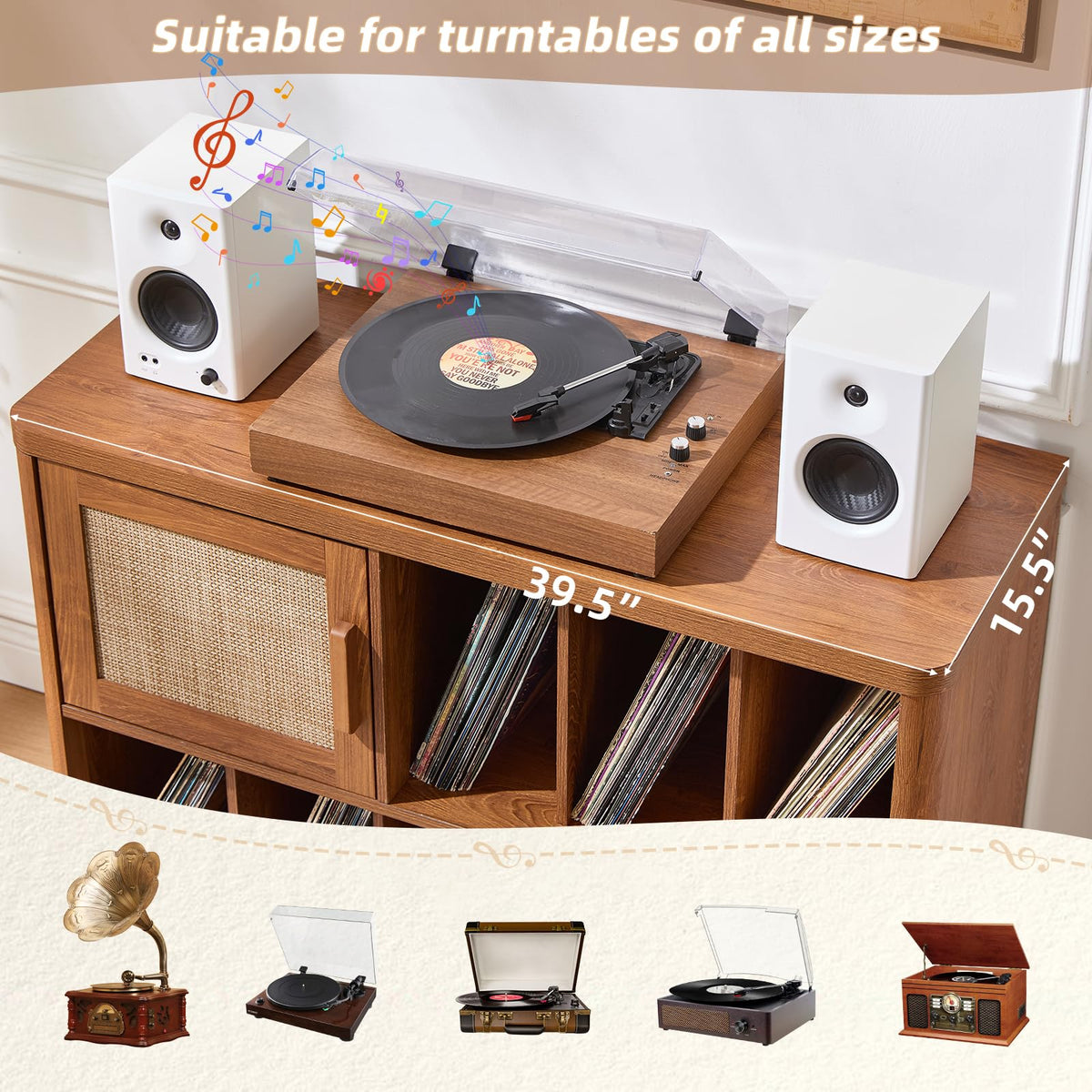 LEYAOYAO Large Record Player Stand with Vinyl Storage Up to 450 Albums, Wood Fluted Record Storage Accent Cabinet, Modern Stereo Media Cabinets, Wide Turntable Stand for Living Room, Antique White