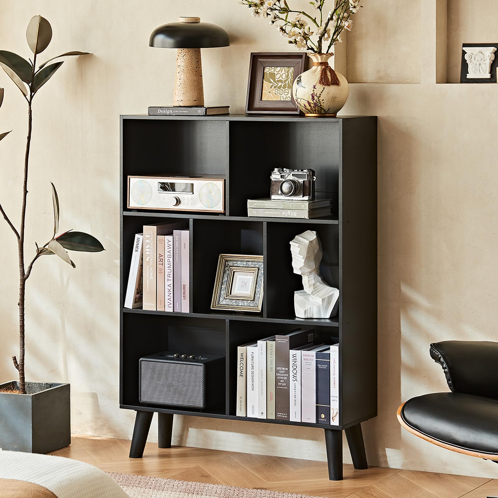 LEYAOYAO 7 Cube Bookshelf, Mid-Century Modern Bookcase Legs,Black Wooden Book Shelves, Wood 3-Tier Freestanding Storage Organizer Display Shelf for Bedroom,Living Room,Office