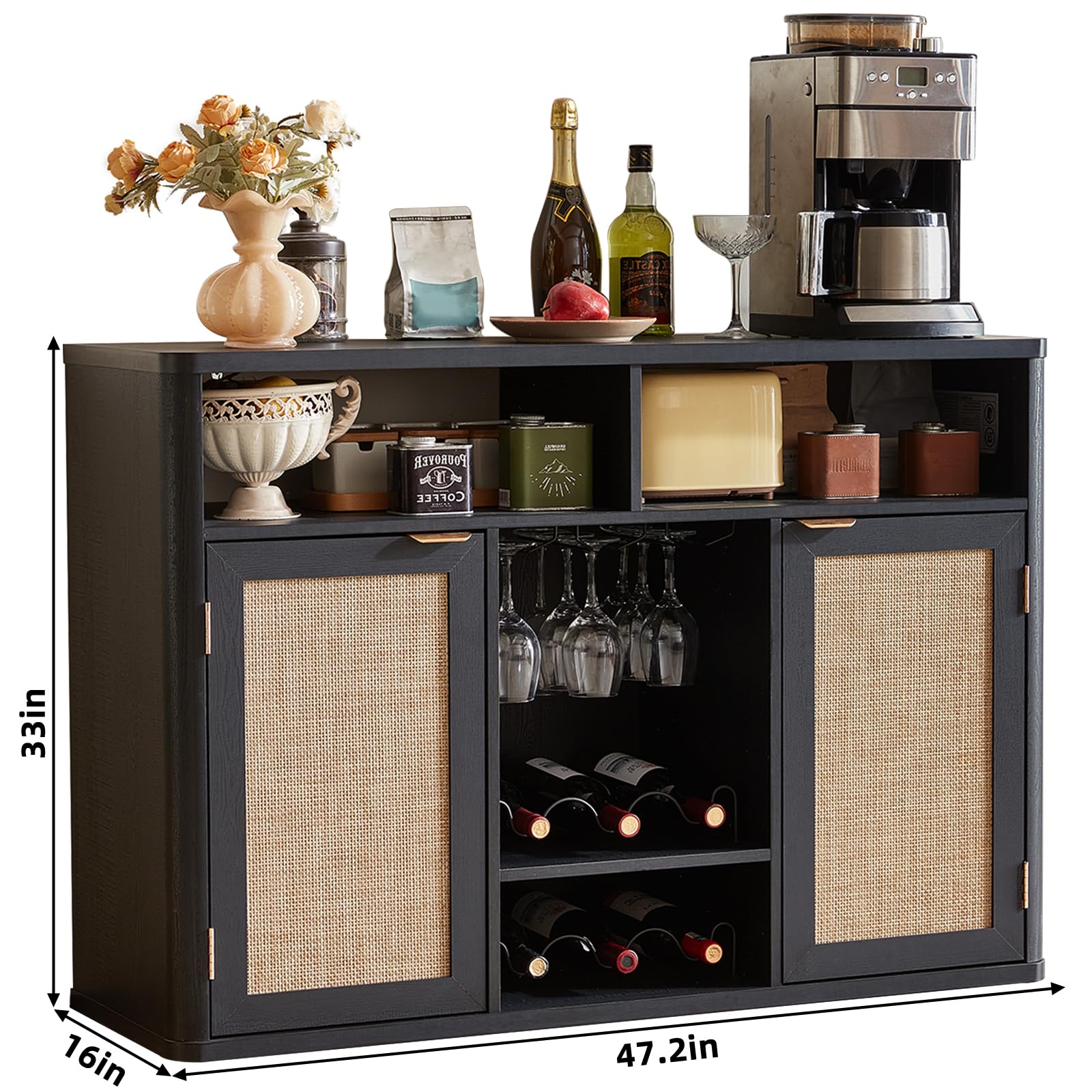 Lerliuo Rattan Wine Bar Cabinet with 2 Doors, Walnut
