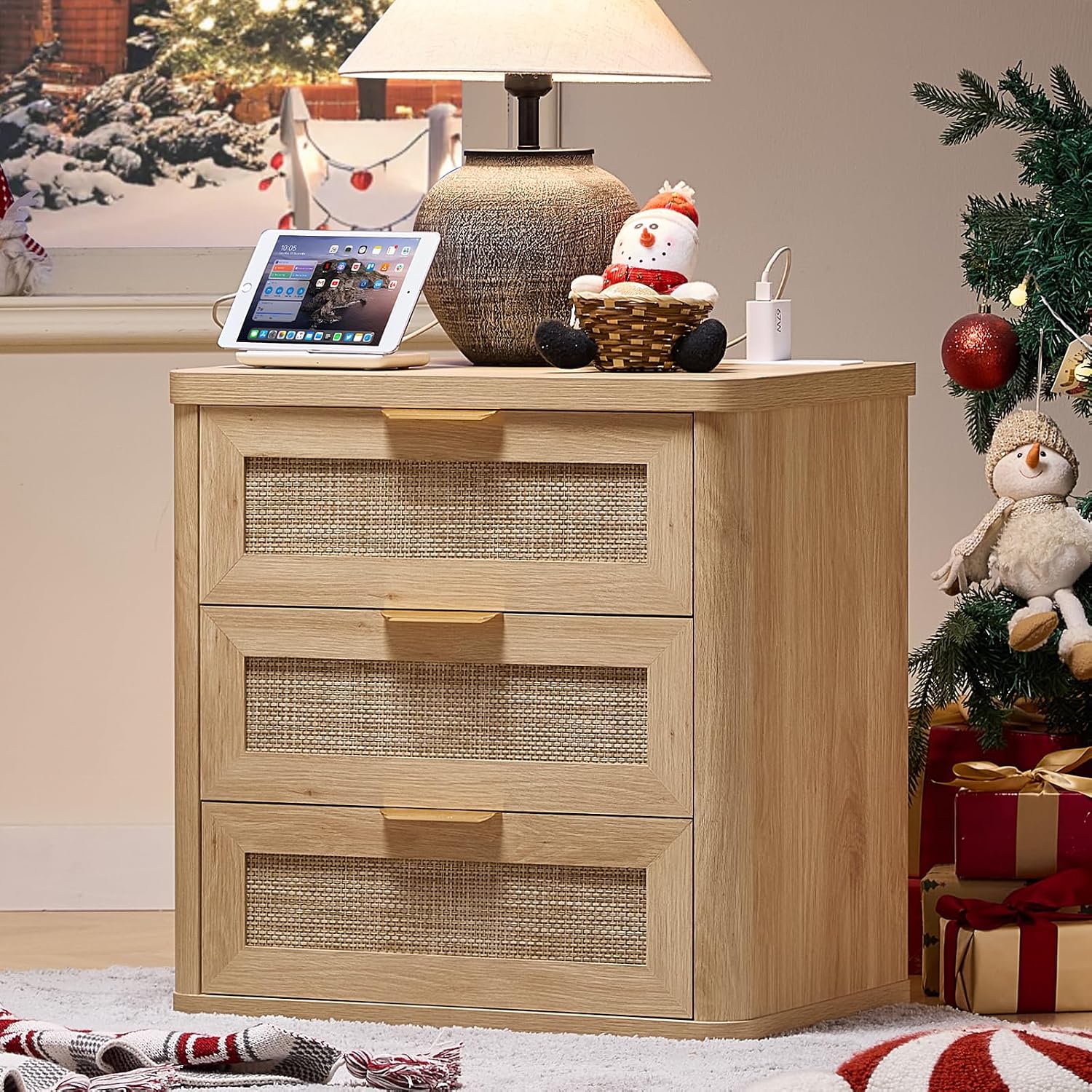 LEYAOYAO Rattan 23" Nightstands with Charger Station 2 Drawers