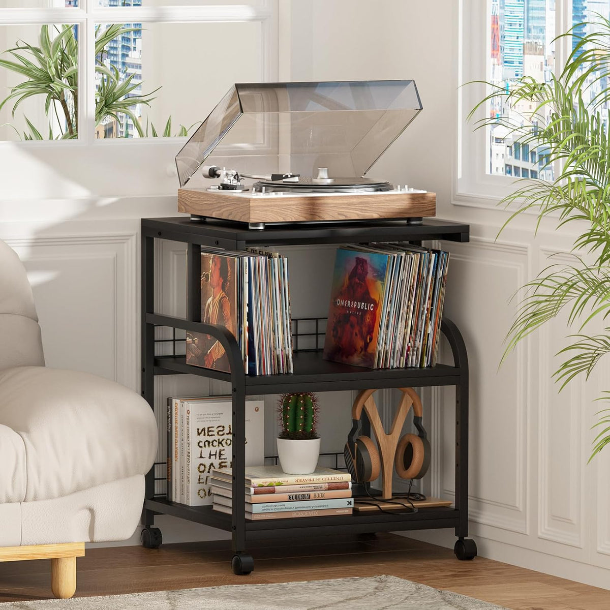 Lerliuo 3 Tier Black Large Printer Stand with Adjustable Storage Shelf