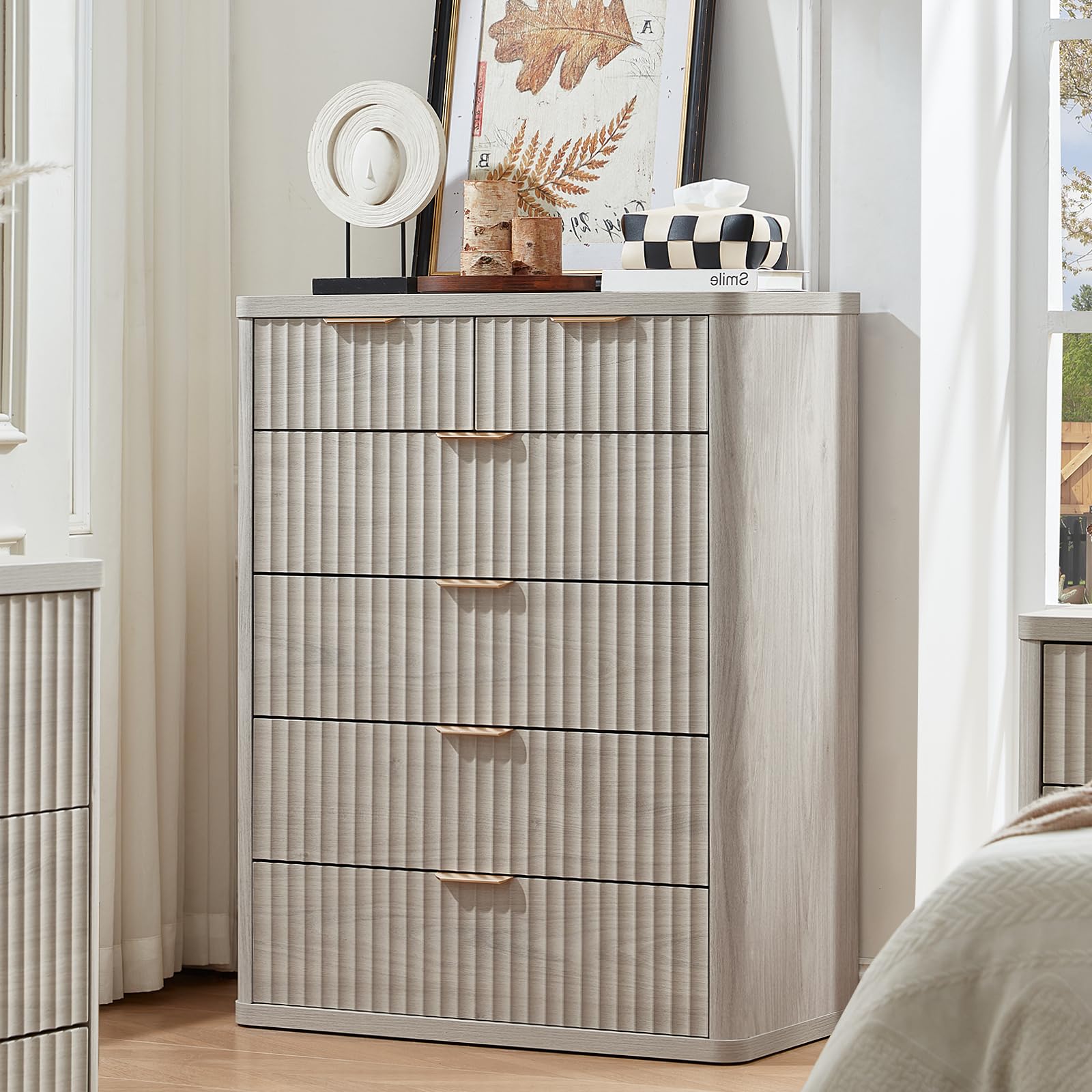 LEYAOYAO Fluted 6 Drawers Dresser for Bedroom Set of 2, 42" Tall Modern Chest of Drawer with Metal Handle, Curved Profile Design,Brown Wood Drawer Organizer for Bedroom, Living Room, Hallway