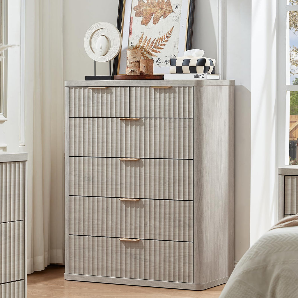 LEYAOYAO Fluted 6 Drawers Dresser for Bedroom Set of 2, 42" Tall Modern Chest of Drawer with Metal Handle, Curved Profile Design,Brown Wood Drawer Organizer for Bedroom, Living Room, Hallway