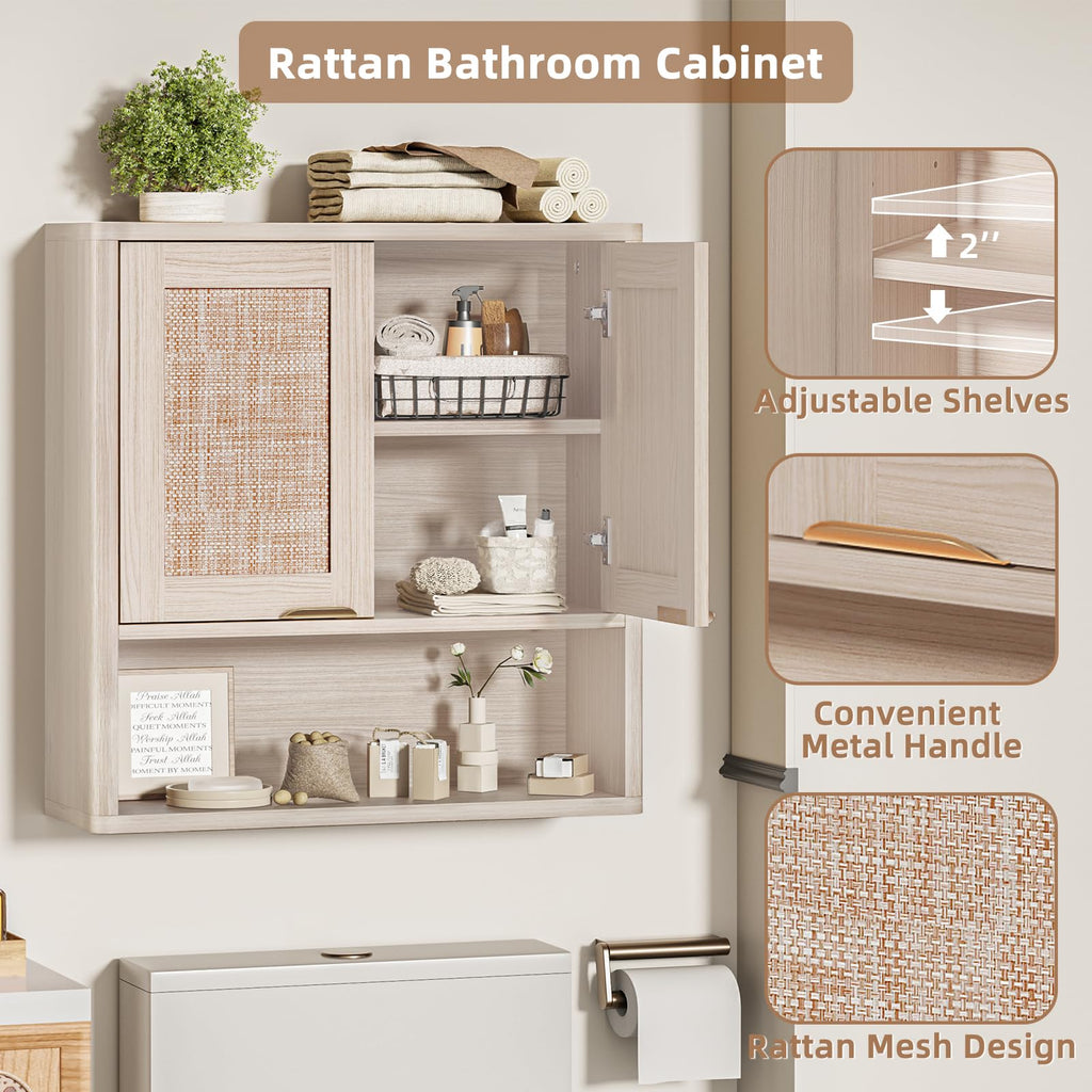 LEYAOYAO 68" Boho Over the Toilet Storage Cabinet with Rattan Sliding Door
