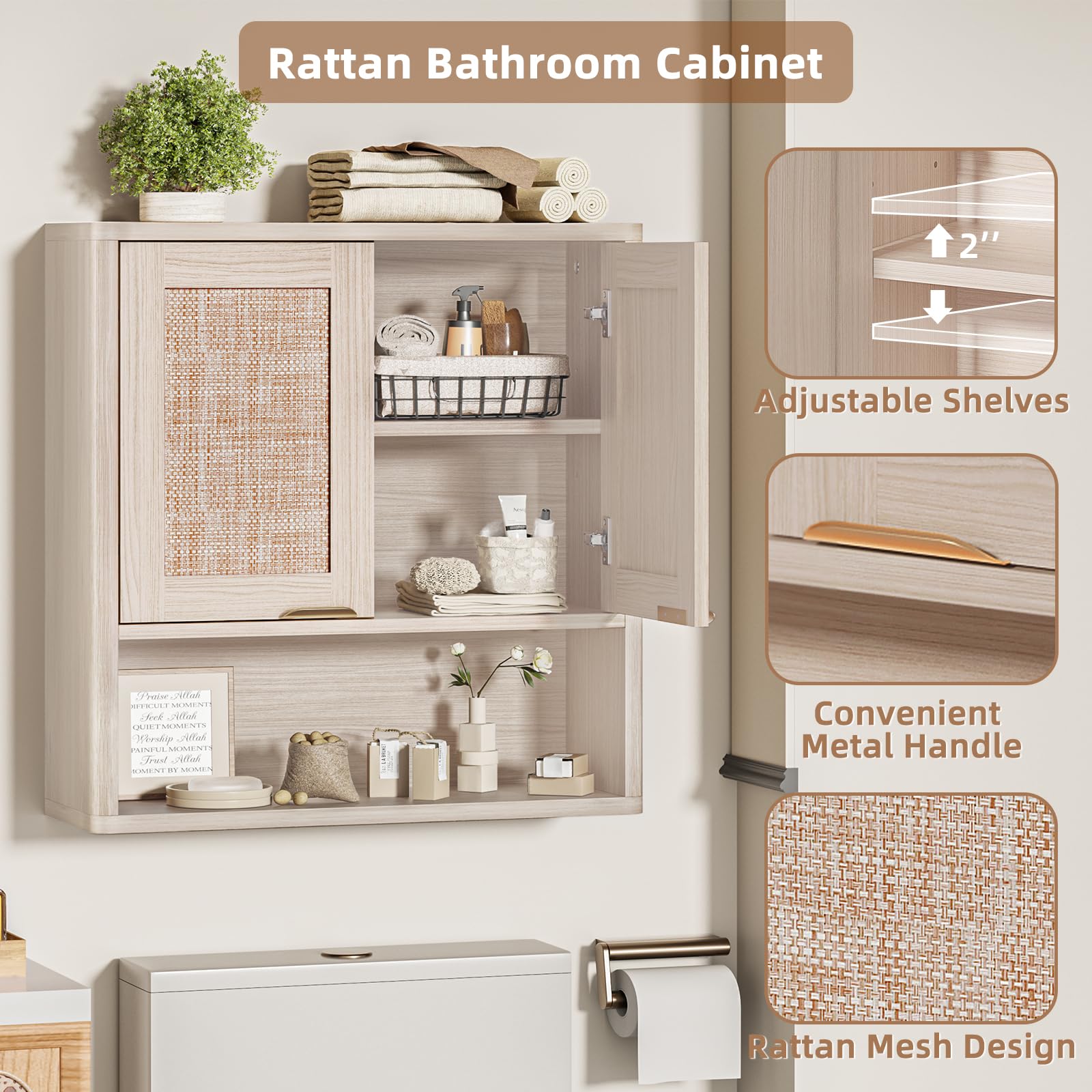 LEYAOYAO 68" Boho Over the Toilet Storage Cabinet with Rattan Sliding Door